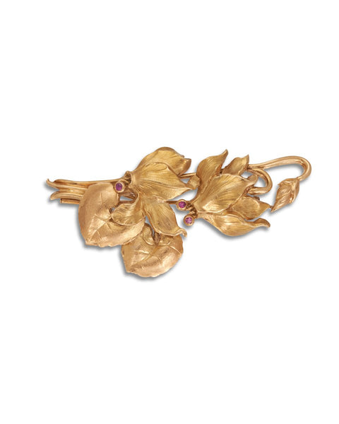 European Gold & Ruby Flower Brooch