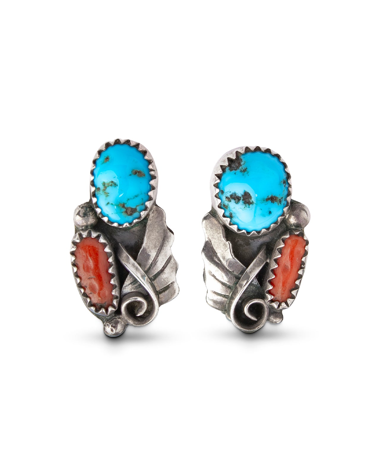 Vintage Native American Turquoise & Coral Earrings. A pair of silver clip earrings, likely Navajo