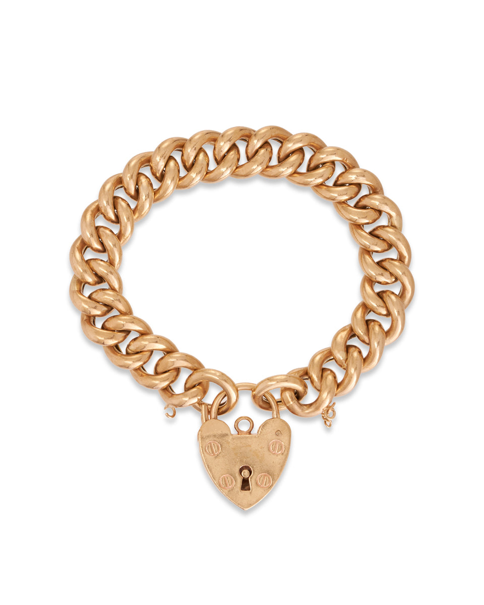 Vintage Gold Curblink Heart-shaped Padlock Bracelet