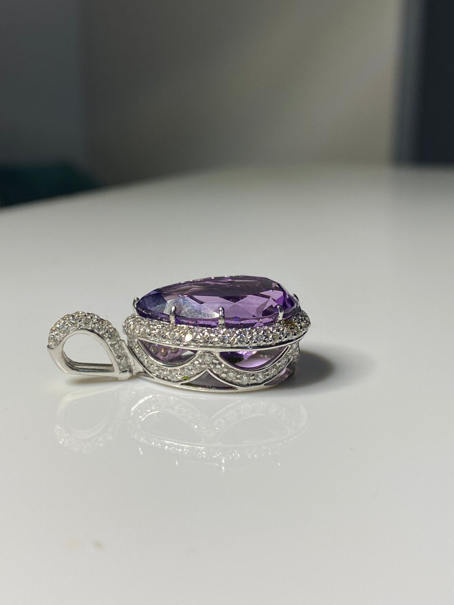 Vintage Pear-shaped Amethyst & Diamond Halo Pendant 18ct white gold