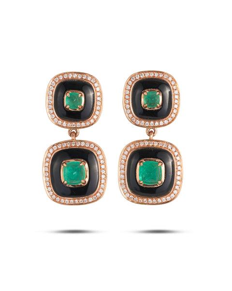 Art Deco Style Emerald, Onyx & Diamond Earrings