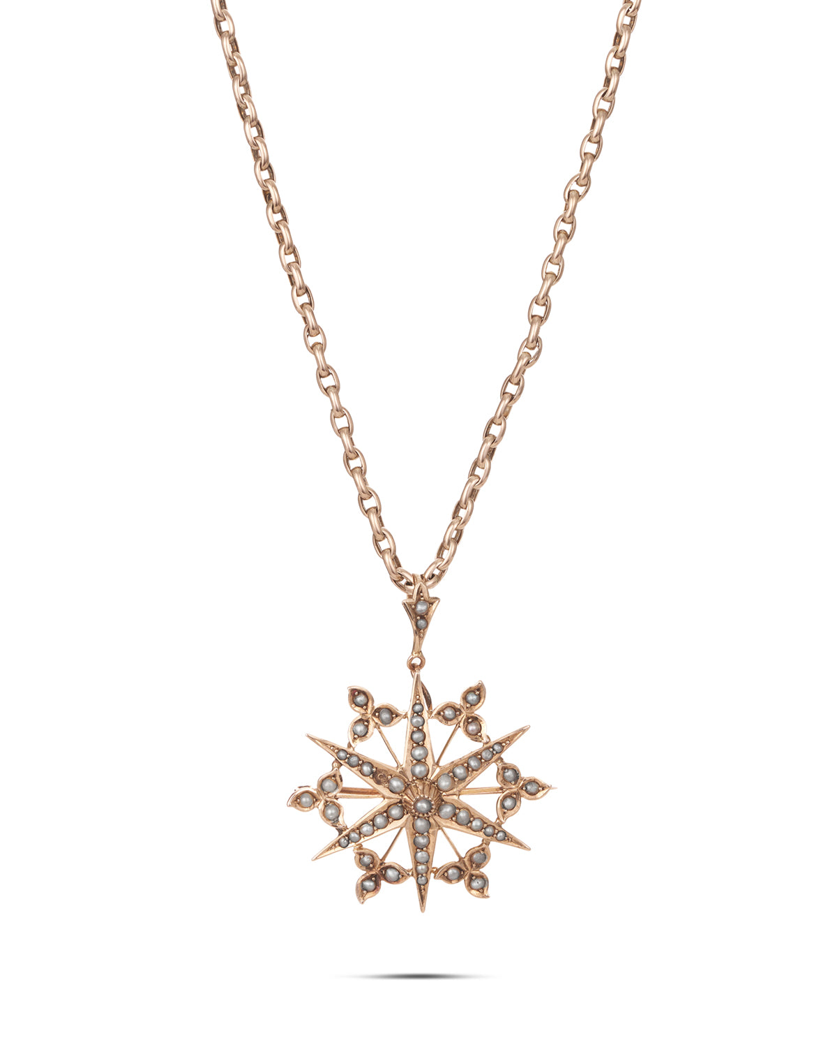 Victorian Seed Pearl Star Pendant on Chain, c.1890–1900. 9ct yellow gold.