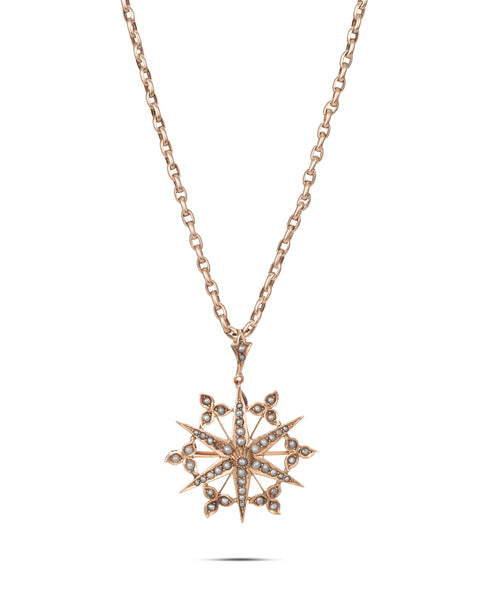 Victorian Seed Pearl Star Pendant on Chain, c.1890–1900. 9ct yellow gold.