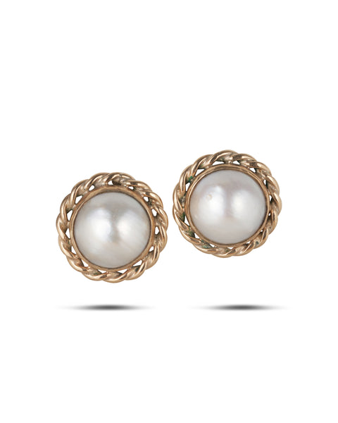 Braided chain encircled pearl clip on earrings, retailer French vintage