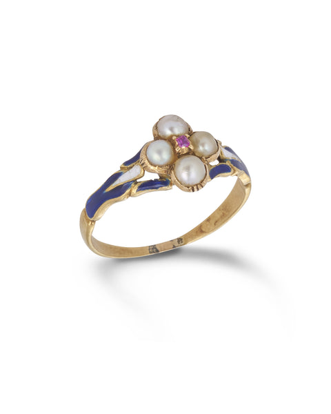 18ct Antique Victorian Enamel & Seed Pearl Cluster Ring