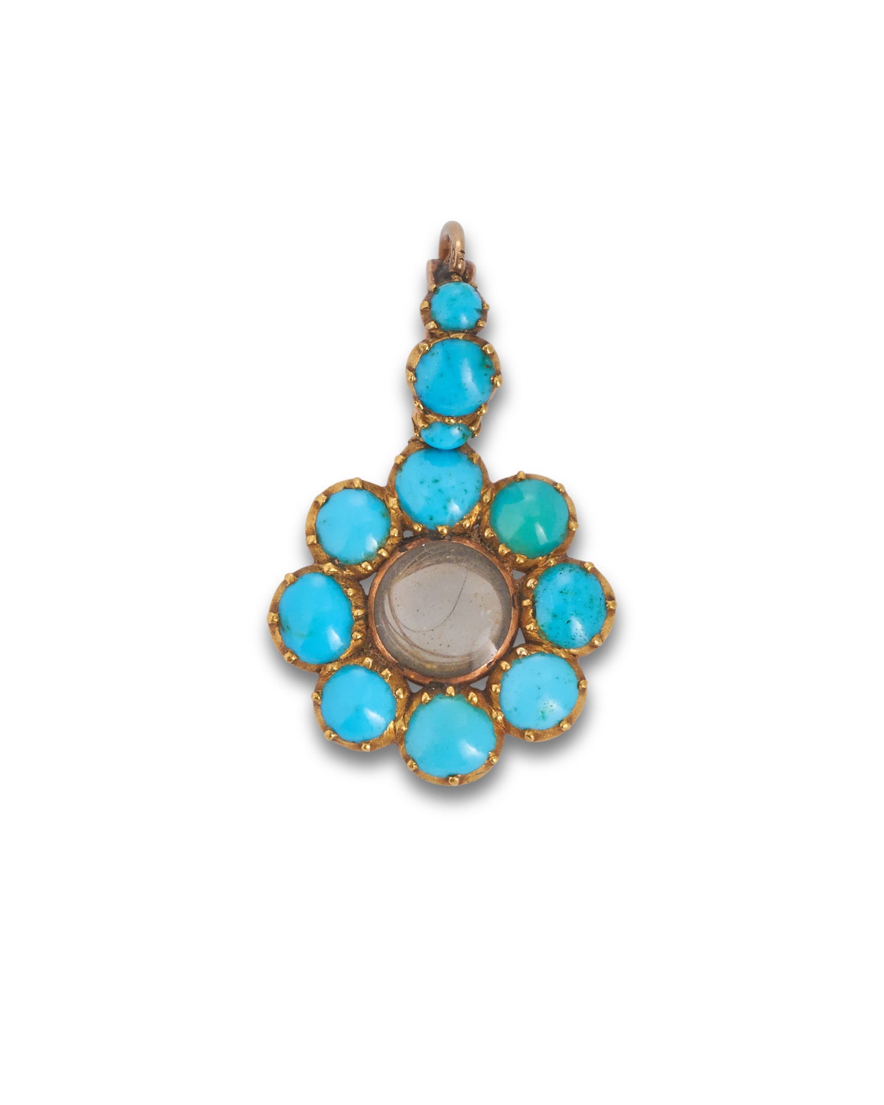Antique Victorian Turquoise Pendant with a central locket compartment surrounded by collet set cabochon turquoise stones, all in yellow gold.