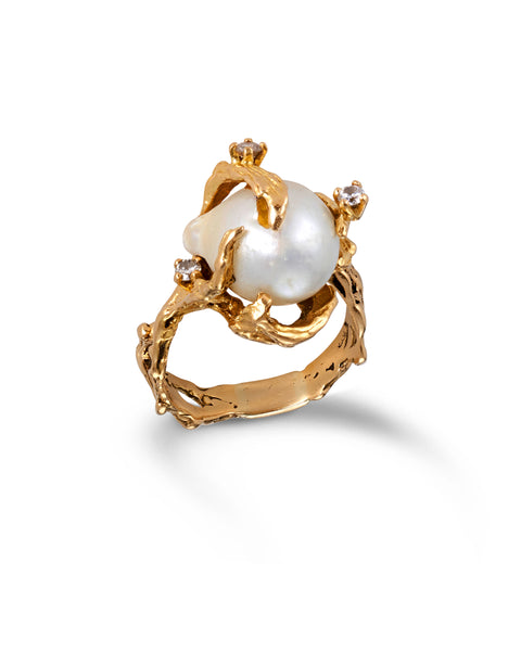Modernist Gold, Pearl & Diamond Ring