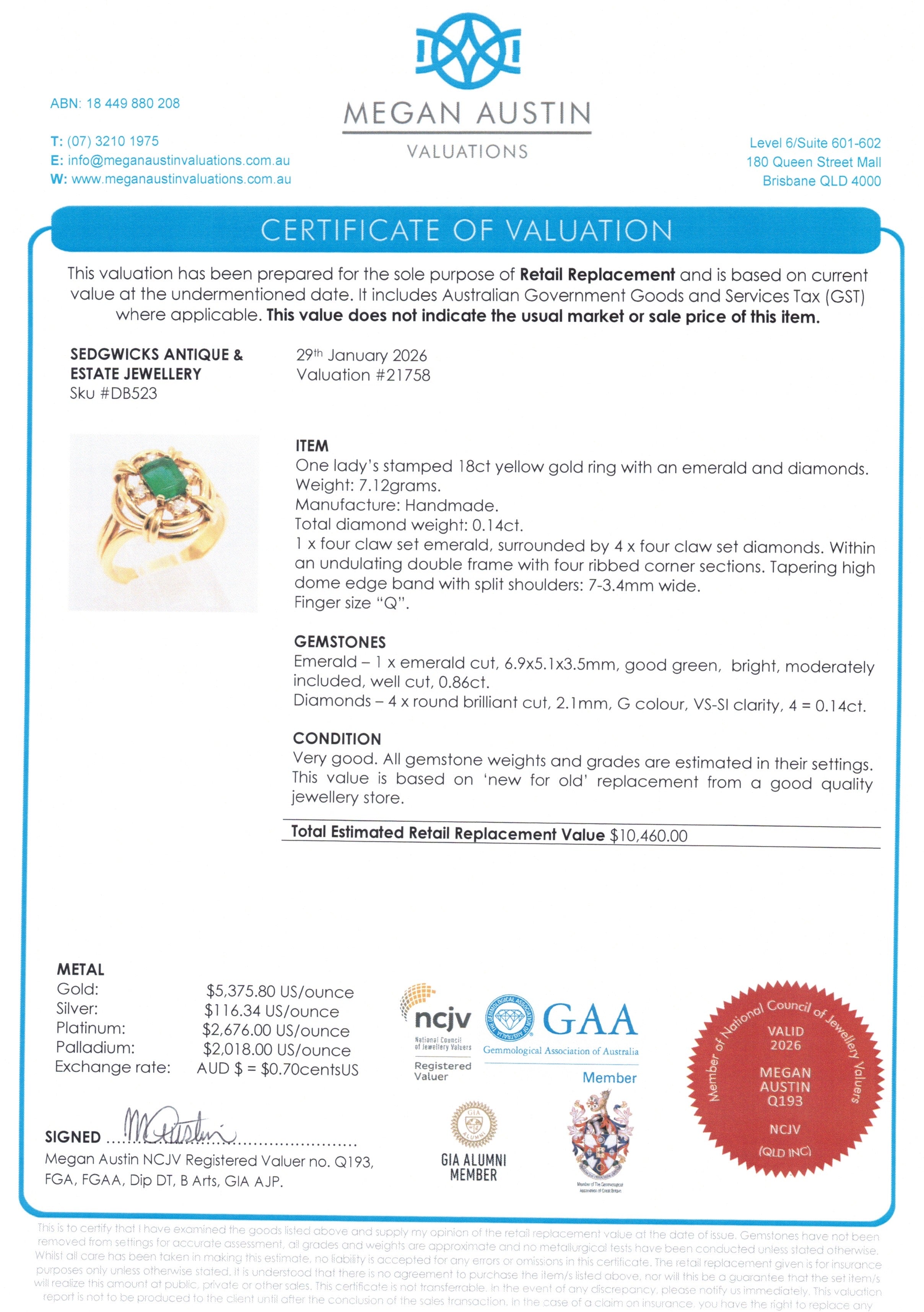 Valuation Emerald and Diamond Ring