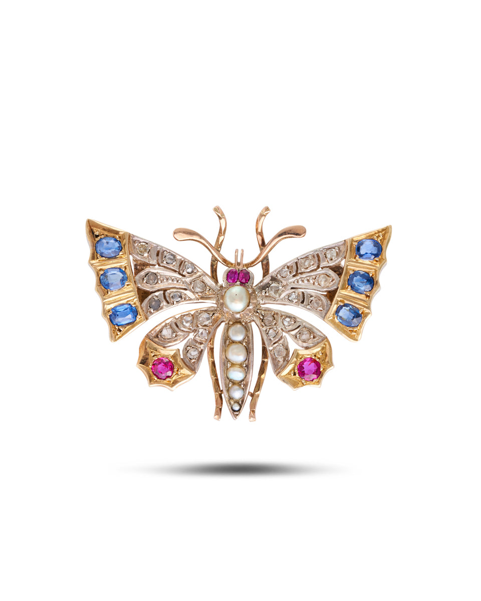Antique Victorian Sapphire, Ruby, Diamond & Pearl Butterfly Brooch