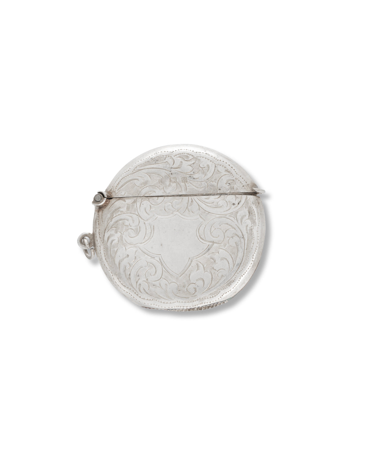Antique Silver Vesta, Birmingham 1909, of circular form with hand engraved foliate decoration and blank shield-shaped cartouche