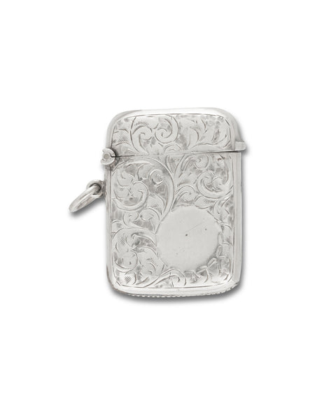 Antique Sterling Silver Vesta, Birmingham 1903. Of rectangular form with engraved foliate decoration and blank circular cartouche.