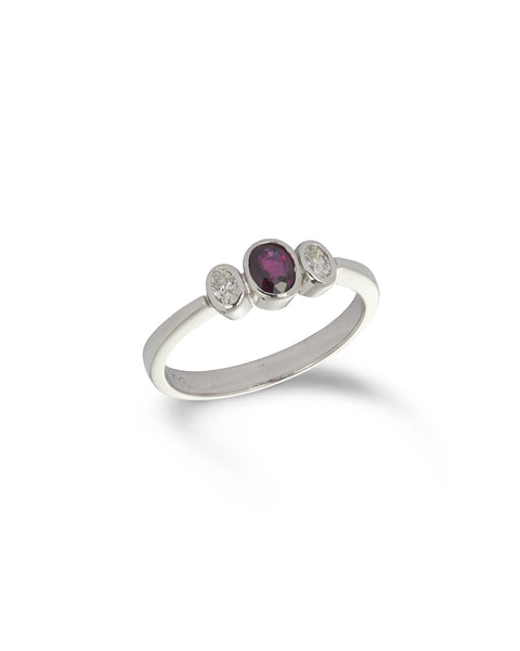Ruby & Diamond Triology Ring. 18ct white gold ring