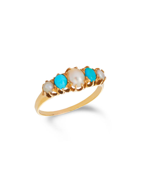 Antique Victorian Turquoise & Pearl Bridge Ring 18ct yellow gold