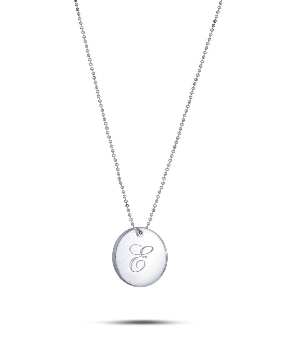 Vintage 925 Silver Alphabet Disc Charm on Chain, TIFFANY &amp; Co. The circular pendant engraved with the letter "E".
