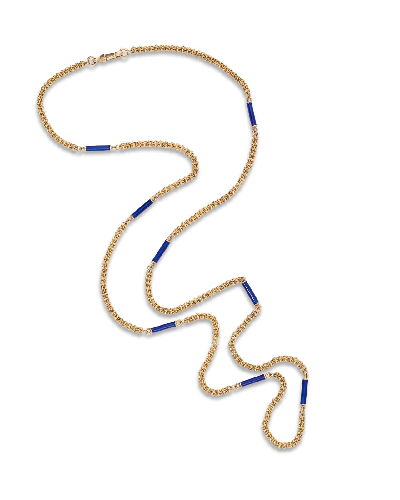 An 18ct yellow gold wheat link necklace featuring tubular segments decorated in royal  blue enamel. Displayed on a clean white background.