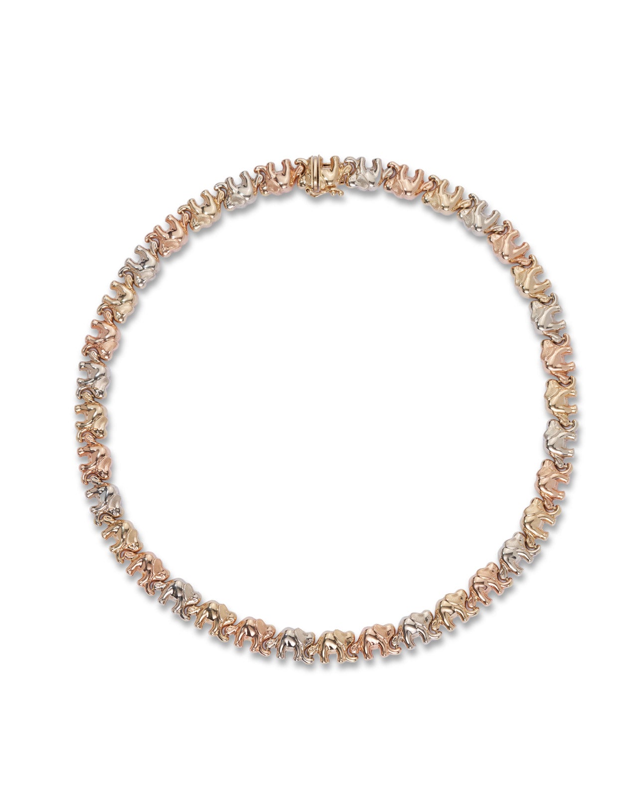 A delicate three-tone collar with alternating rose gold, yellow gold, and white gold elephant links, arranged in a perfect circle on a solid white background.