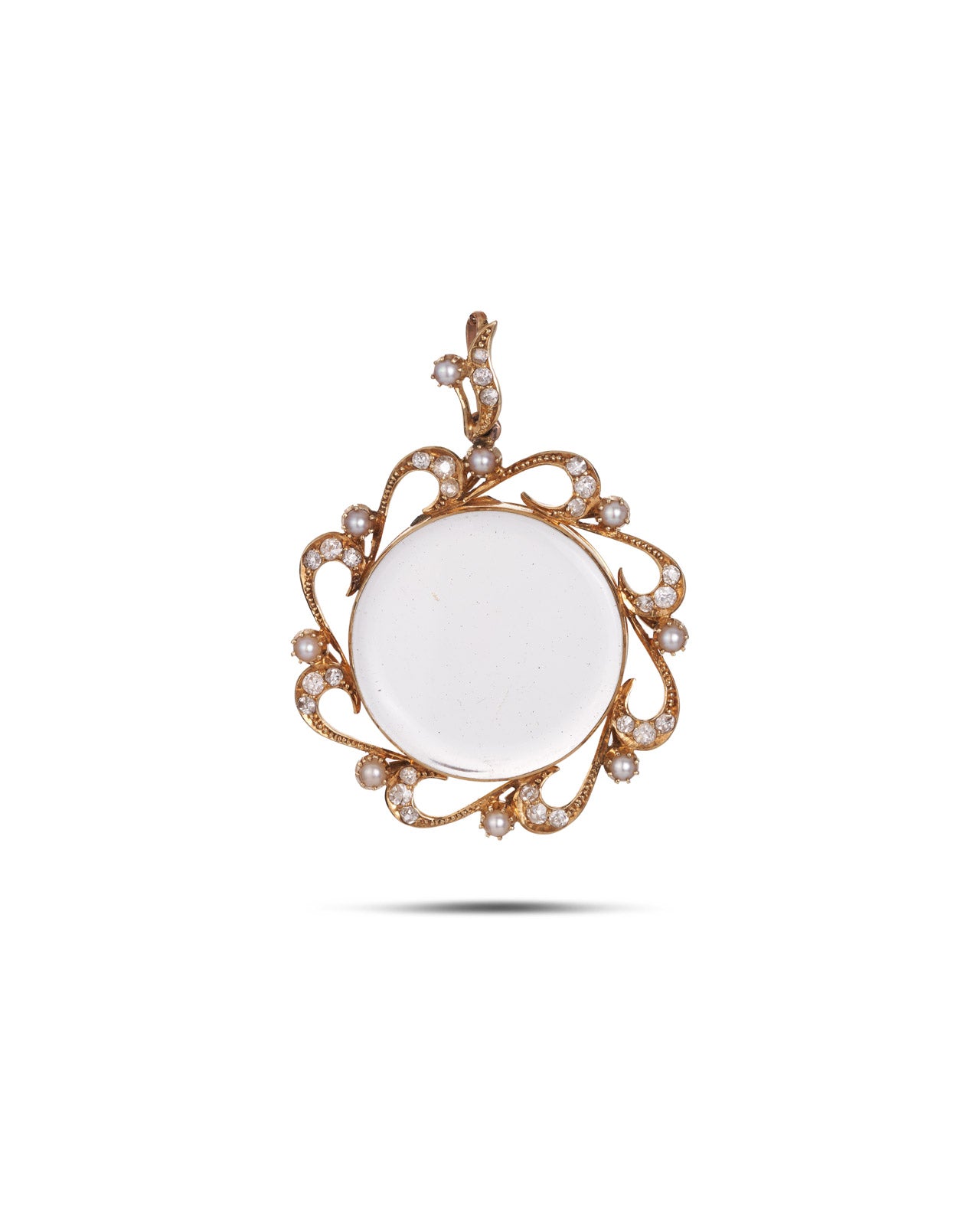 Edwardian Pearl & Diamond Memorial Locket Pendant with a glass compartment set in a surround of seed pearls and diamonds on a white background