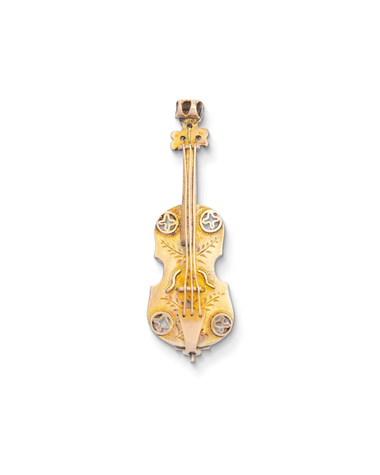 Antique Victorian Violin Brooch, Birmingham 1890. 9ct yellow gold.