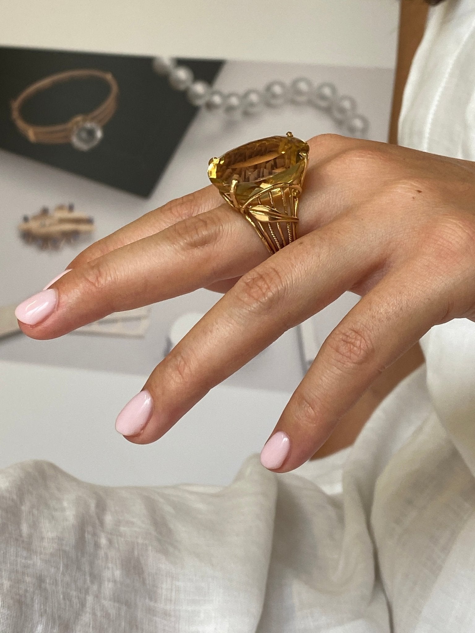 Mid-Century European Citrine Cocktail Ring