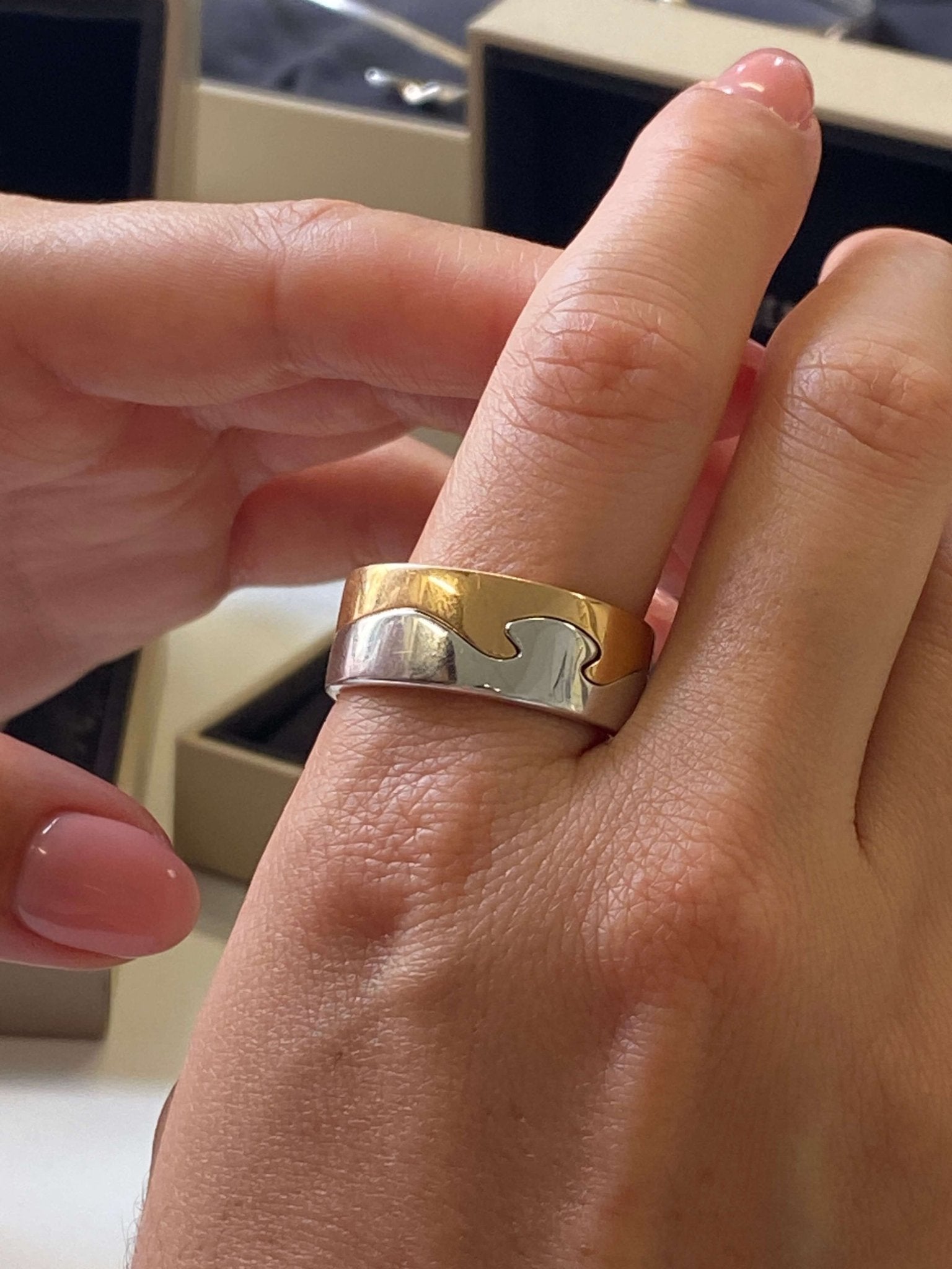 18ct Gold Fusion Ring, Georg Jensen. The interlocking bands of rose and white gold are based on the original design by Nina Koppel.