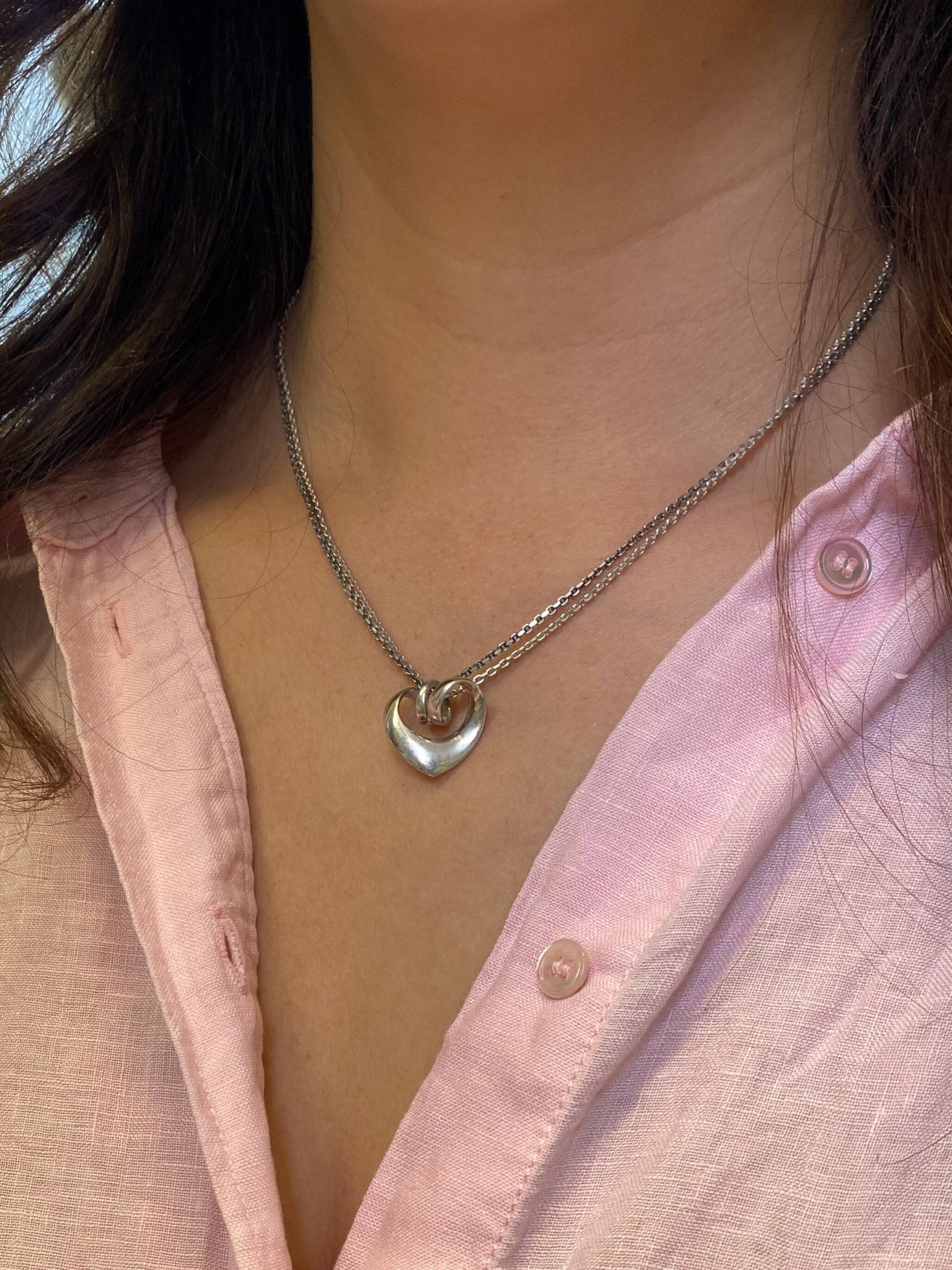 Vintage Silver Double Chain Heart Pendant, Georg Jensen. 2001 Artist pendant, designed by Regitze Overgaard for Jensen.