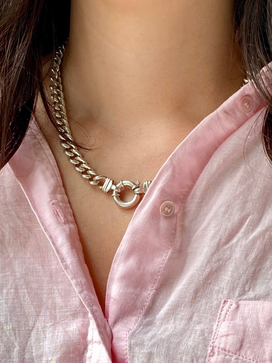 Vintage Sterling Silver Necklace, of heavy curb link design, hung with a bolt ring clasp