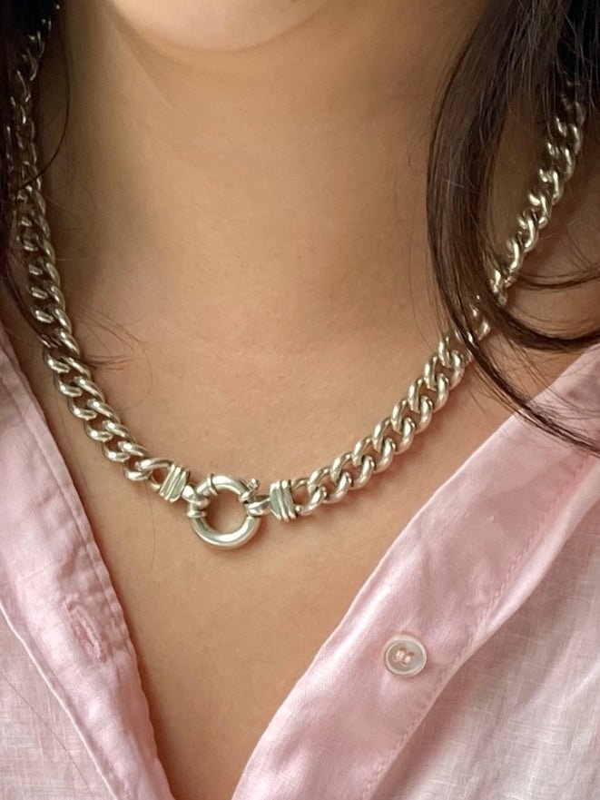 Vintage Sterling Silver Necklace, of heavy curb link design, hung with a bolt ring clasp