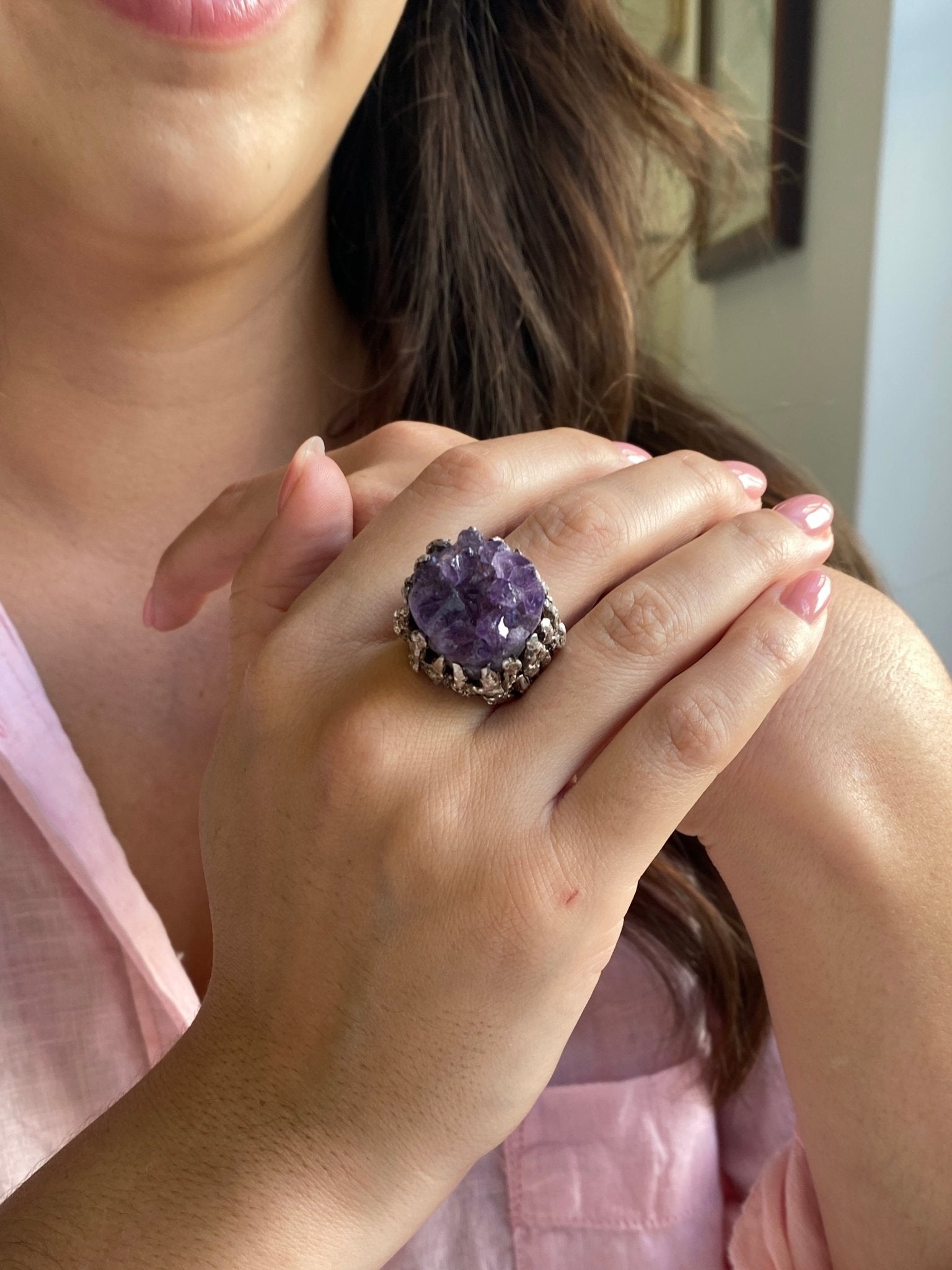 Mid-Century Silver & Amethyst Crystal Ring. A very substantial ring, handmade in the Brutalist style of Matcham Skipper.