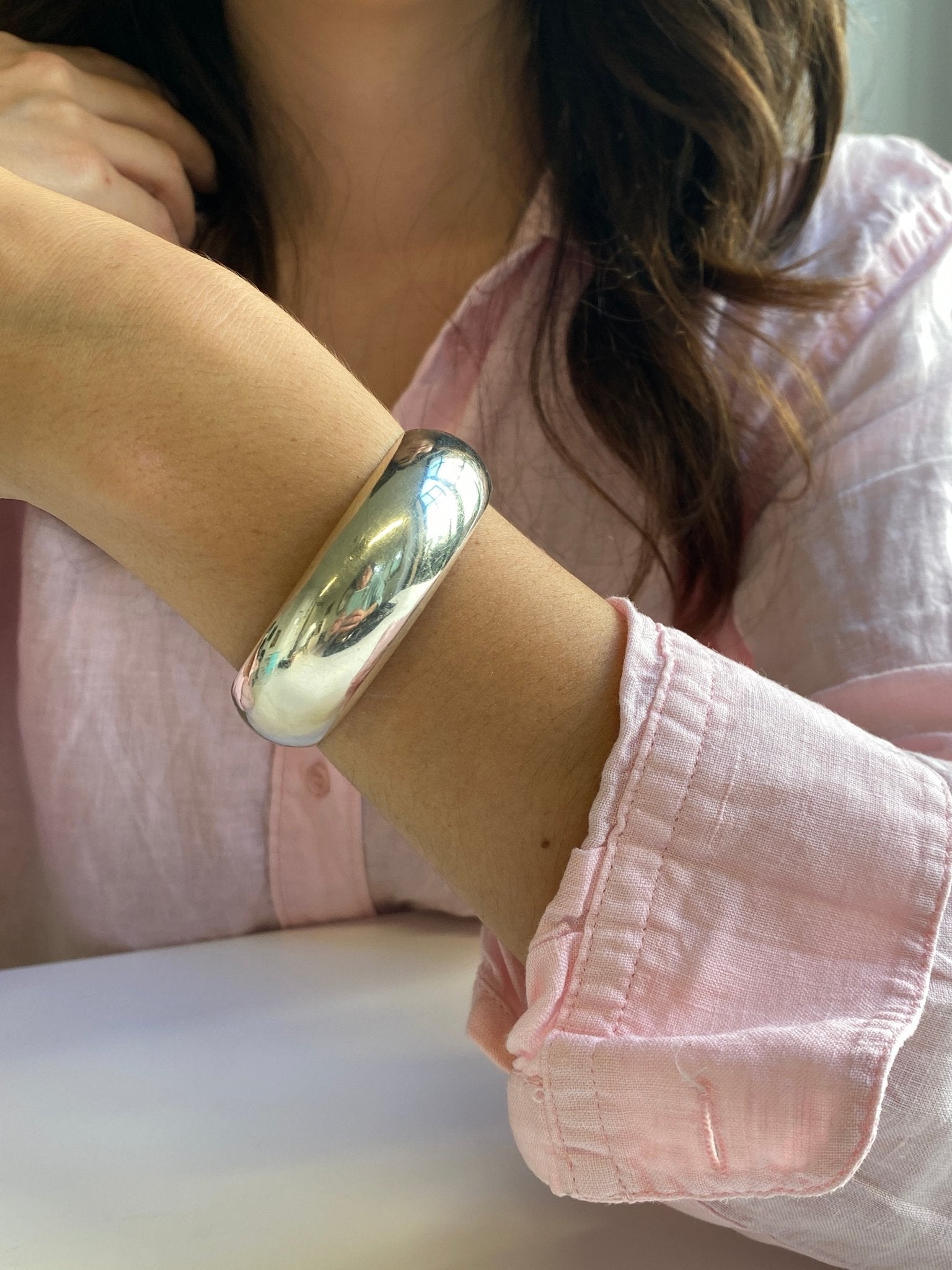 Vintage Sterling Silver Cuff, a handsome bangle of plain polished and domed design. Weight: 33.18 grams. Inside Diameter: 6cm
