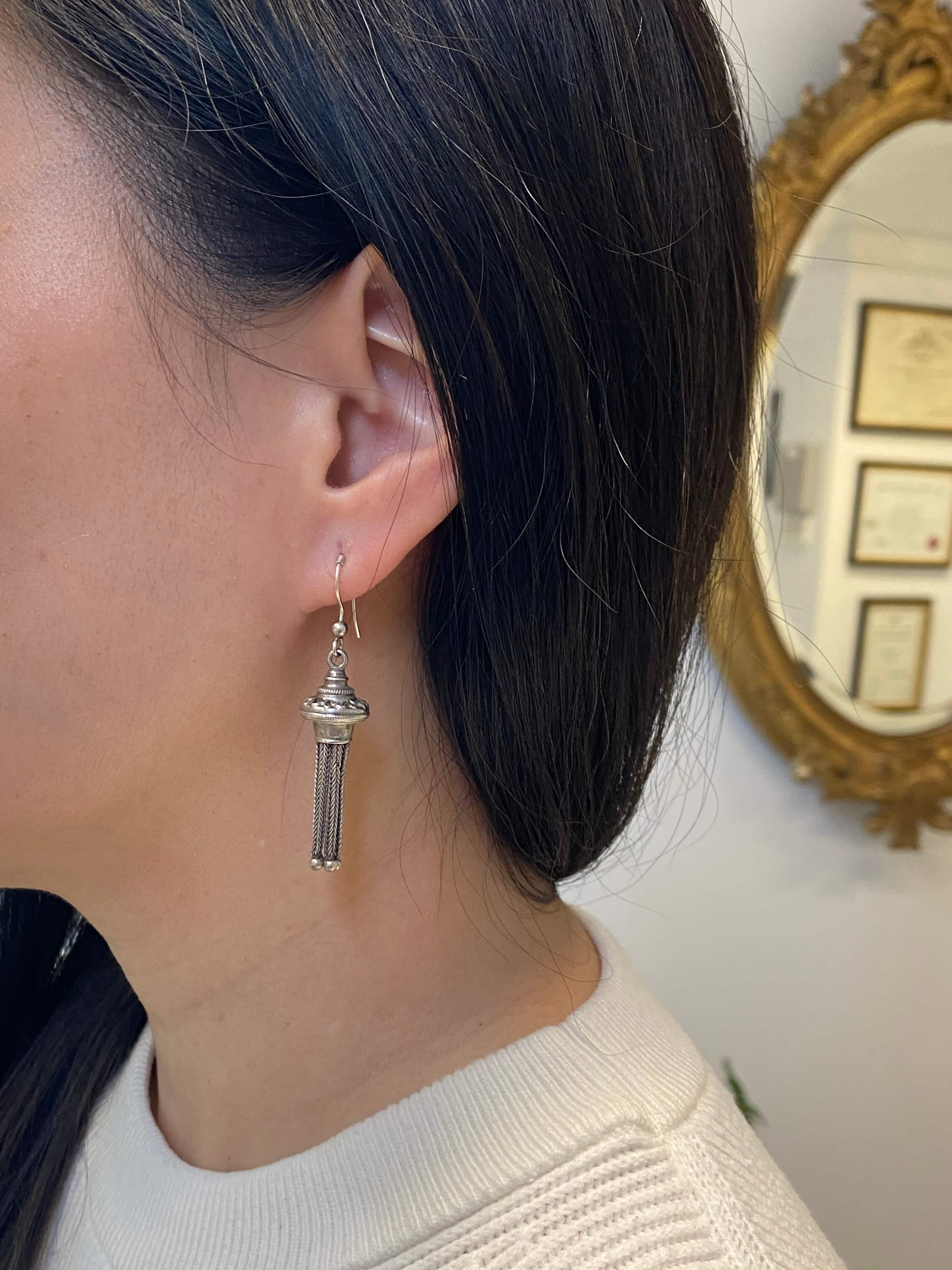 Antique Victorian Sterling Silver Tassel Earrings, 1880s