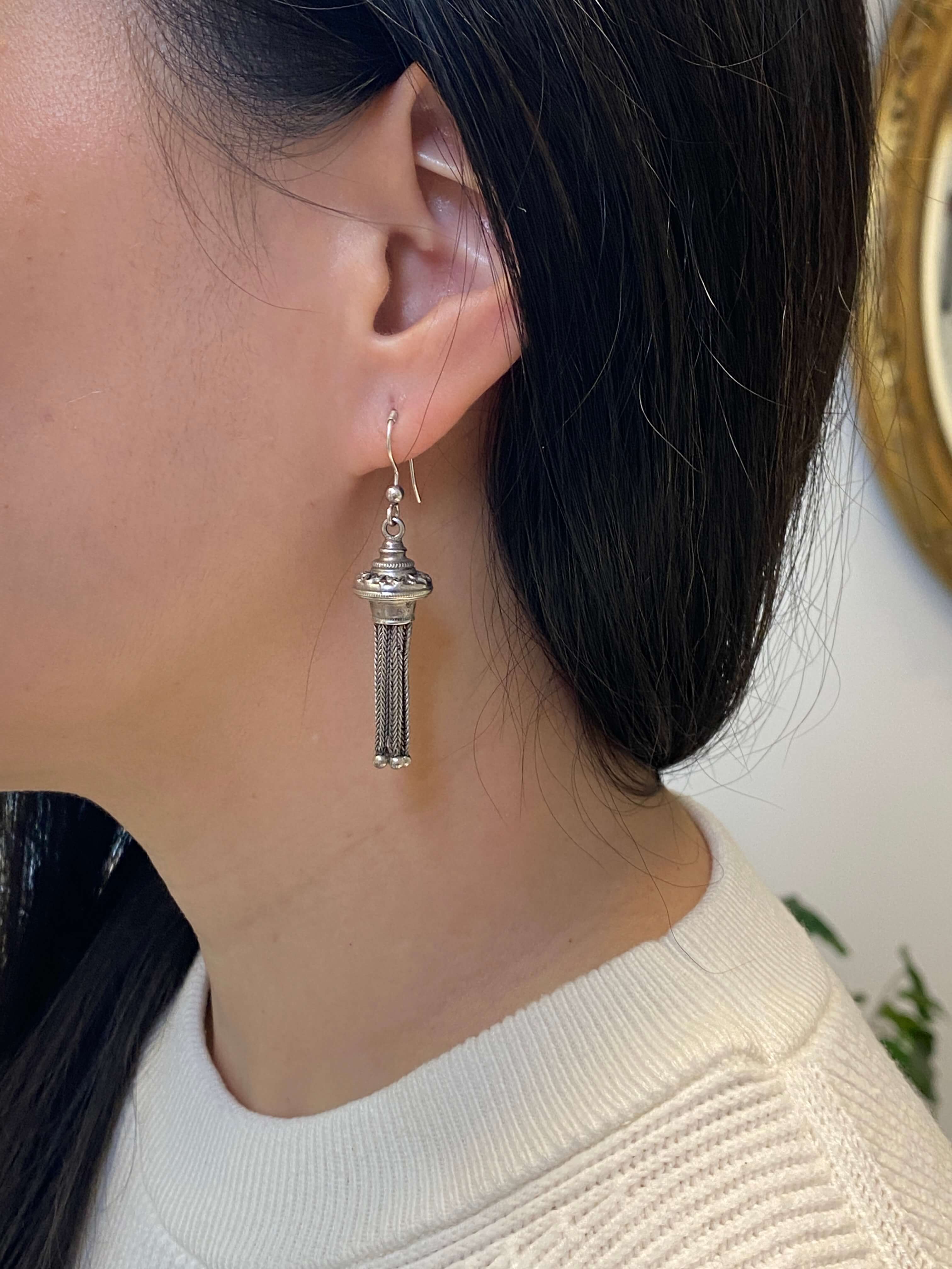 Antique Victorian Sterling Silver Tassel Earrings, 1880s