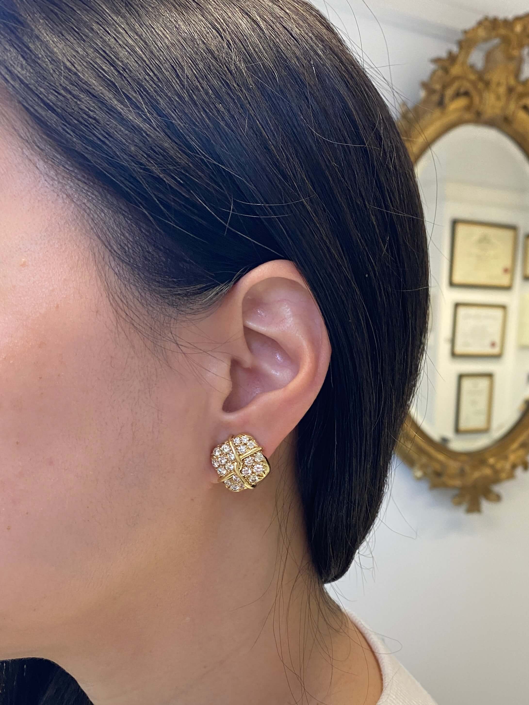 18ct yellow Gold & Diamond Clip Earrings by  renowned American Jeweller Jose Hess, 1980's