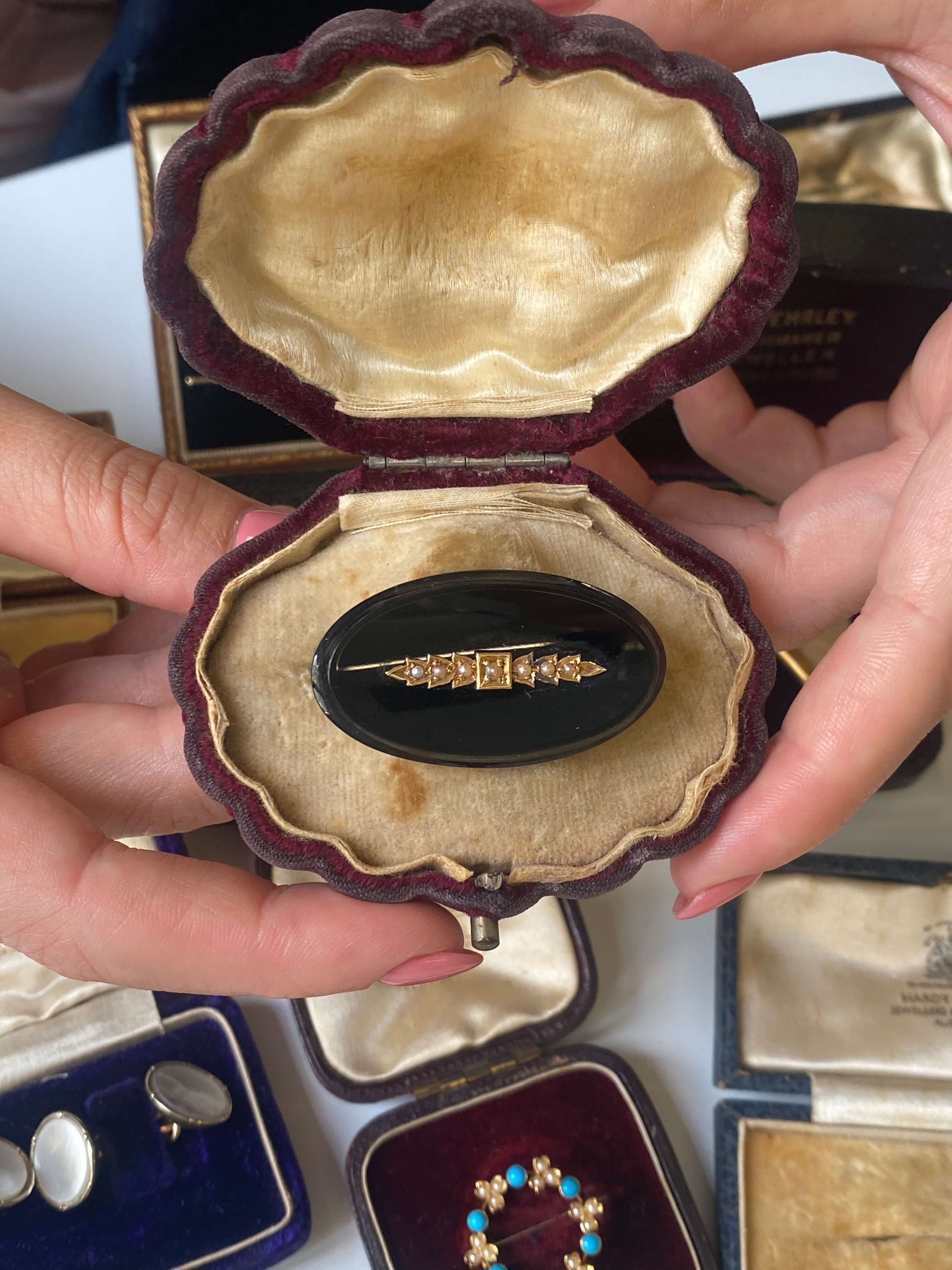Antique Victorian Onyx & Seed Pearl Mourning Brooch