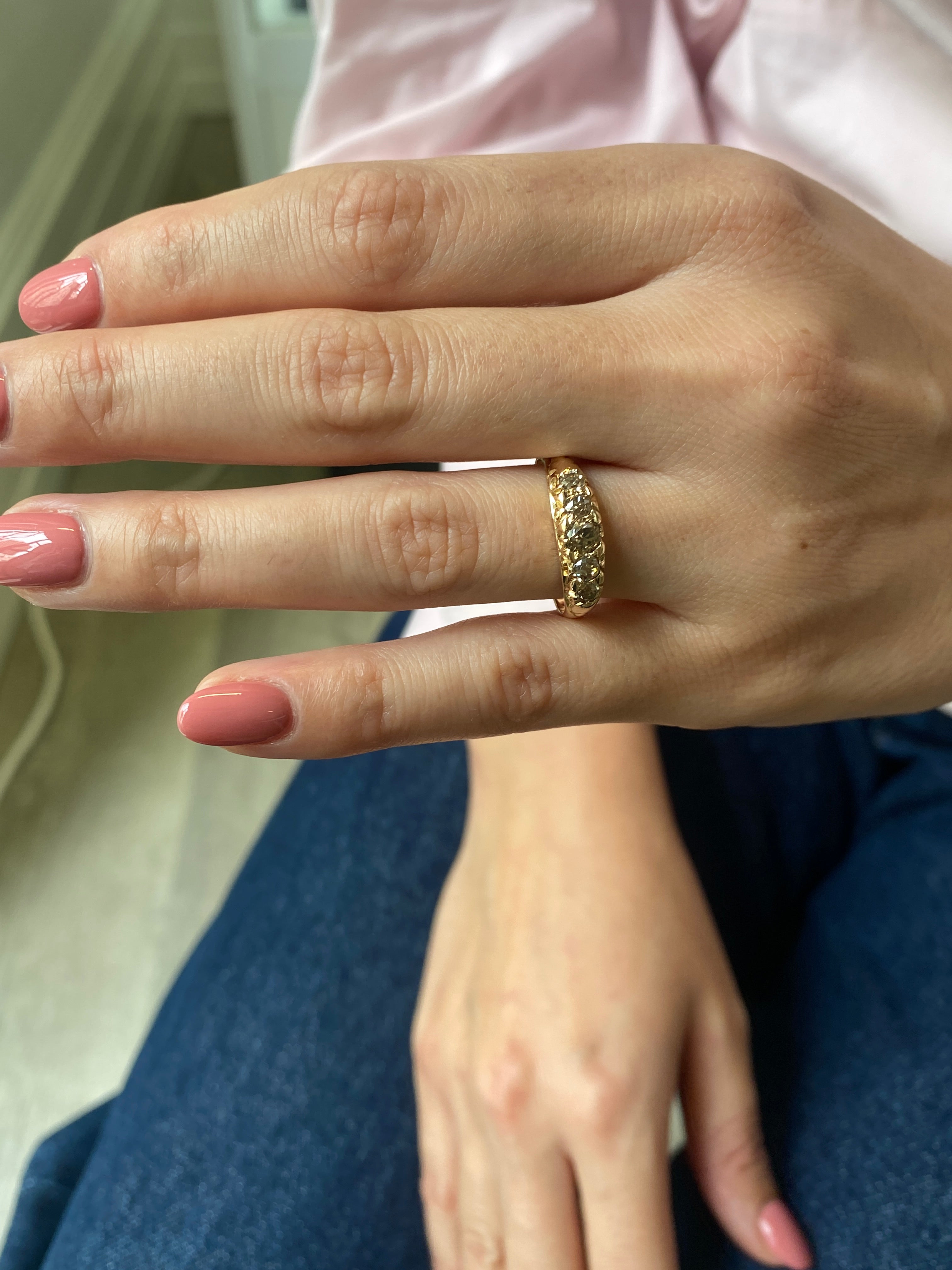 Antique Victorian Champagne Diamond Bridge Ring, c1890. 15ct yellow gold.