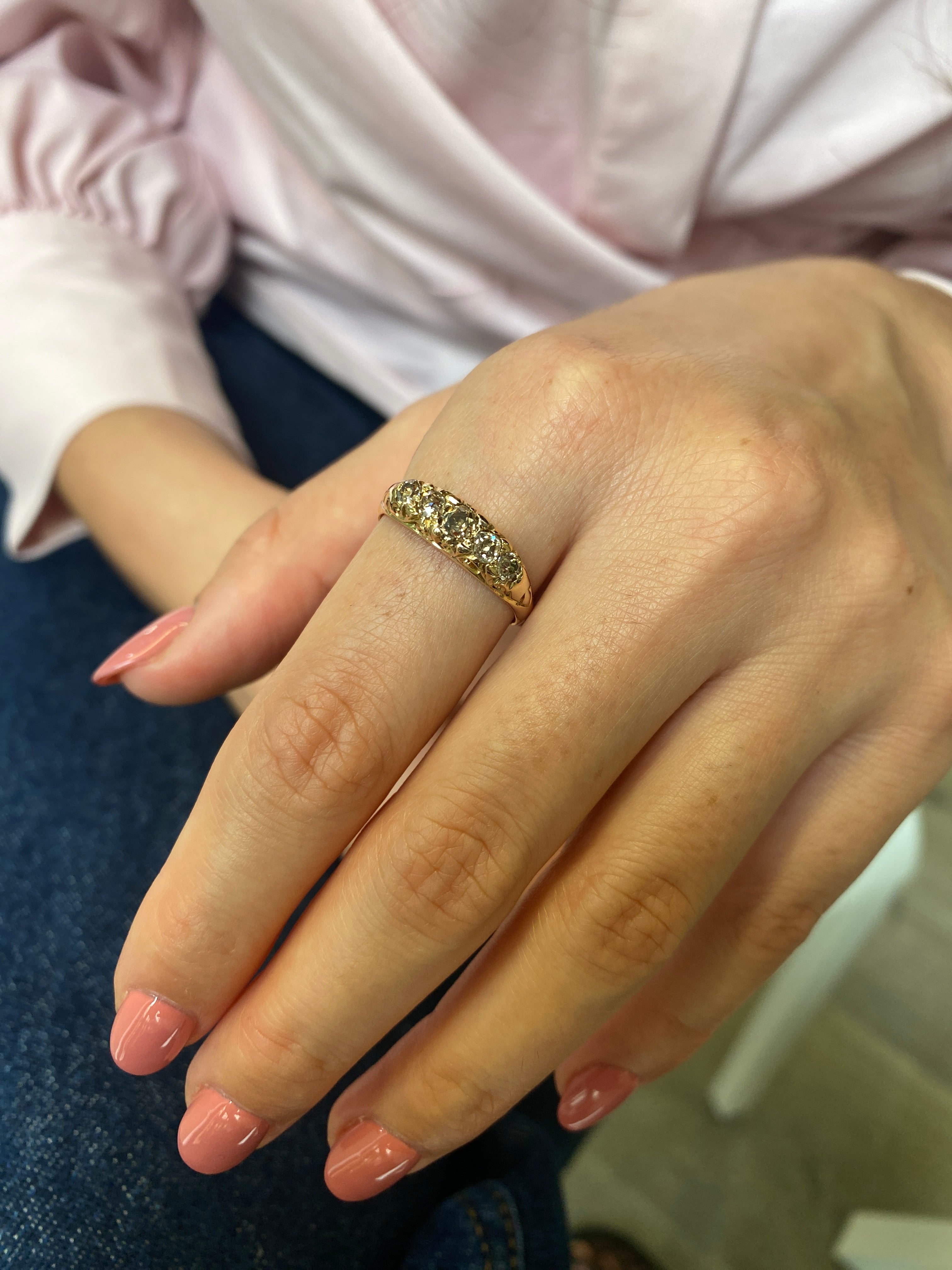 Antique Victorian Champagne Diamond Bridge Ring, c1890. 15ct yellow gold.