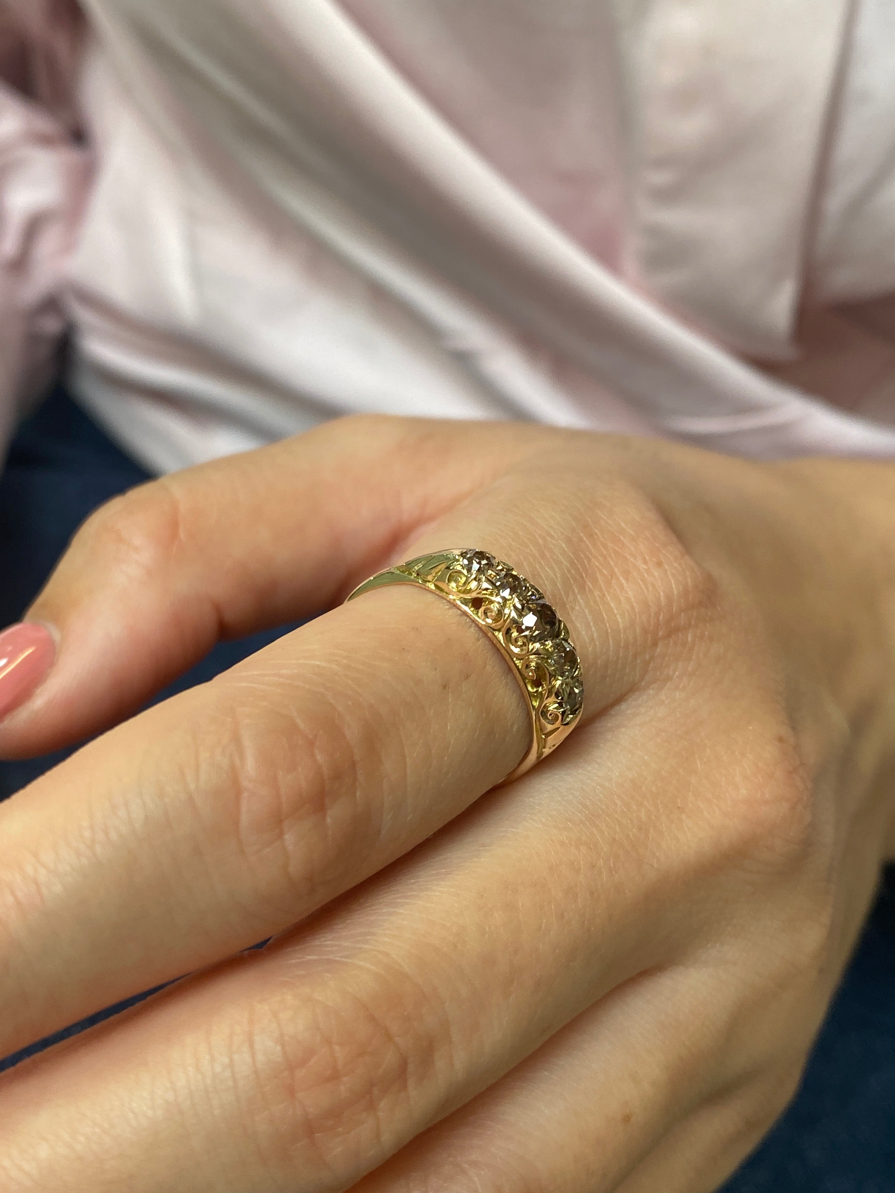Antique Victorian Champagne Diamond Bridge Ring, c1890. 15ct yellow gold.