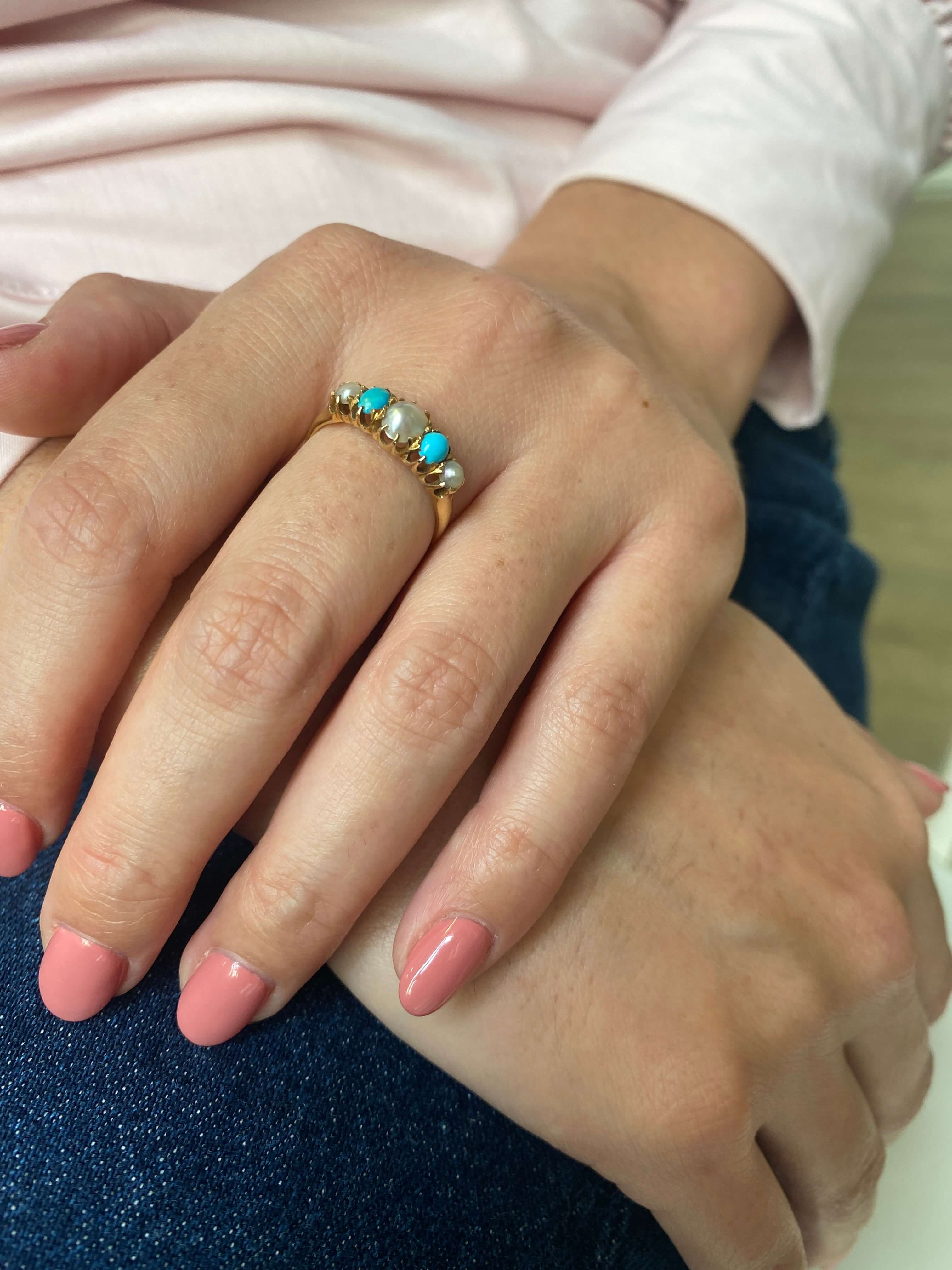 Antique Victorian Turquoise & Pearl Bridge Ring 18ct yellow gold