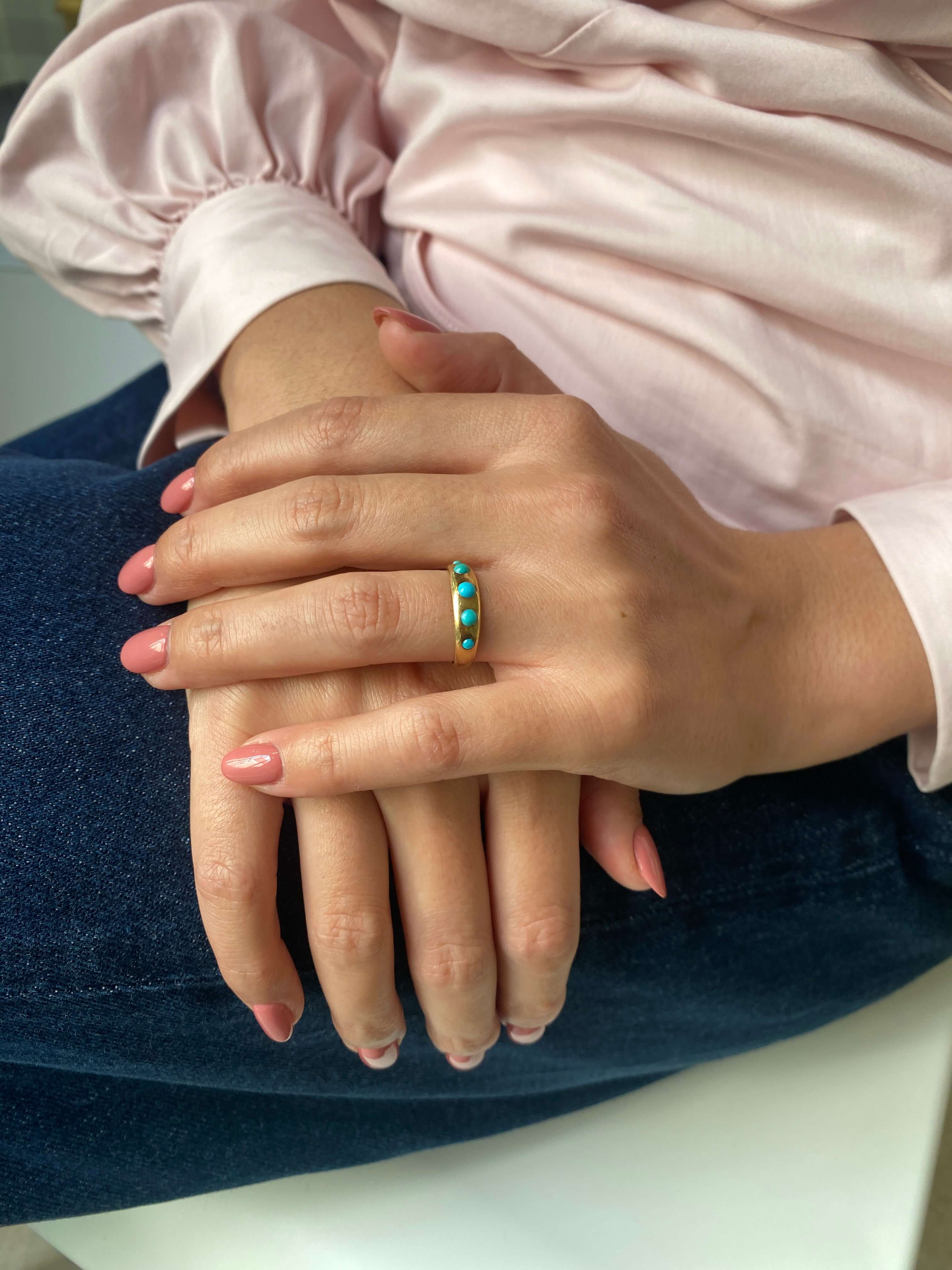 Antique Victorian Turquoise Gypsy Ring, c1890. 18ct yellow gold