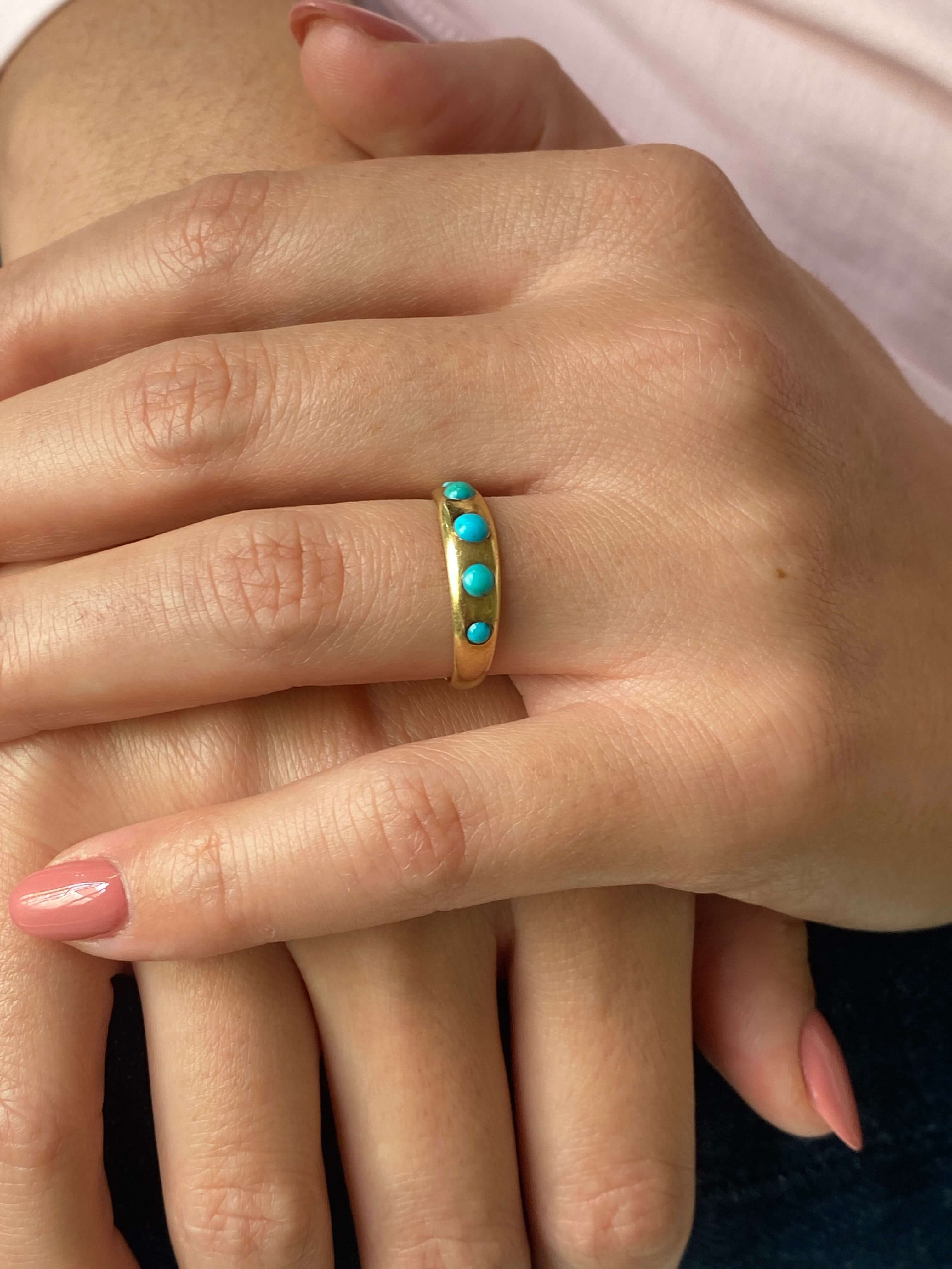 Antique Victorian Turquoise Gypsy Ring, c1890. 18ct yellow gold