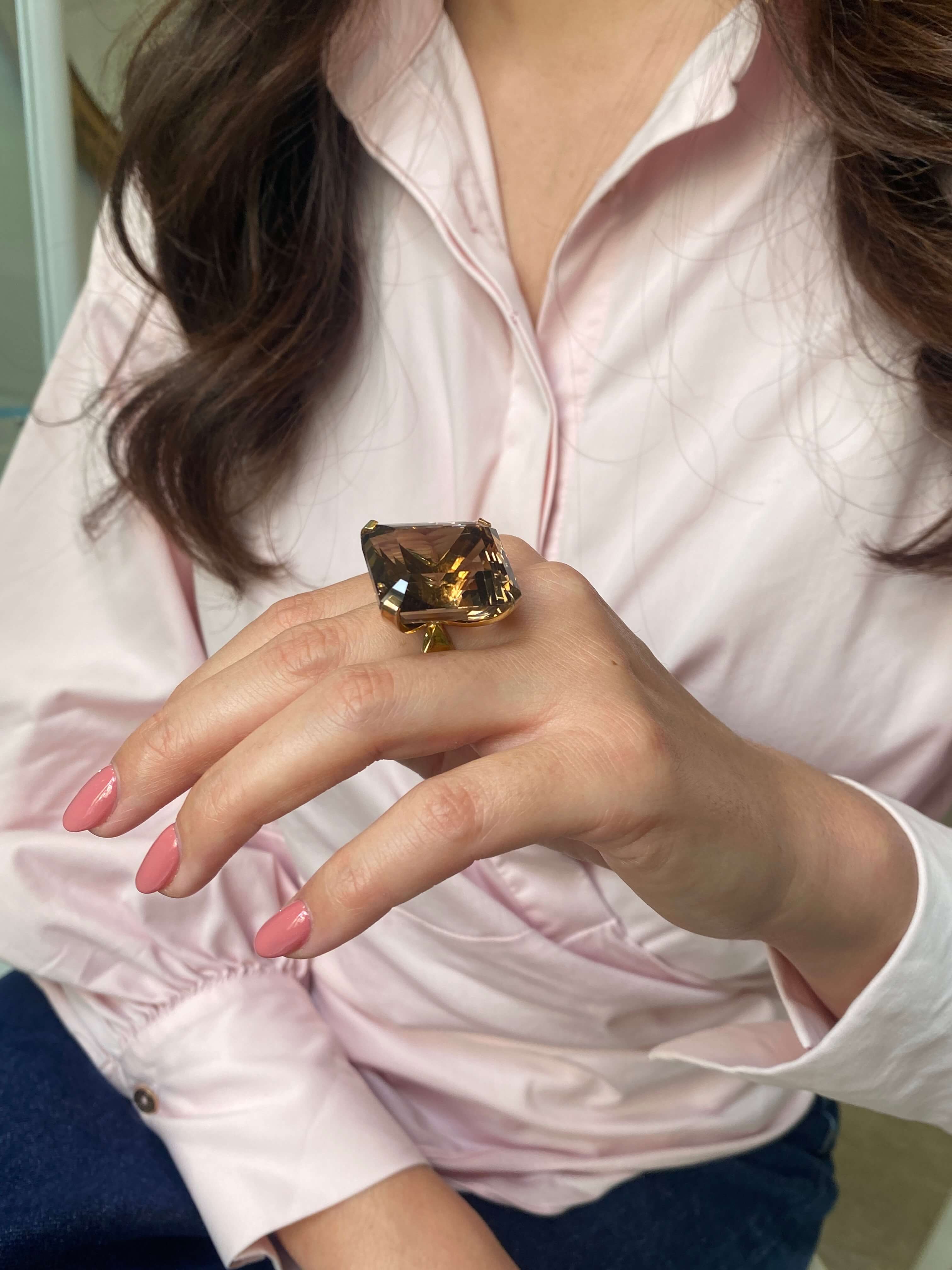 Vintage Smoky Quartz Cocktail Ring, 1960s. 14ct yellow gold