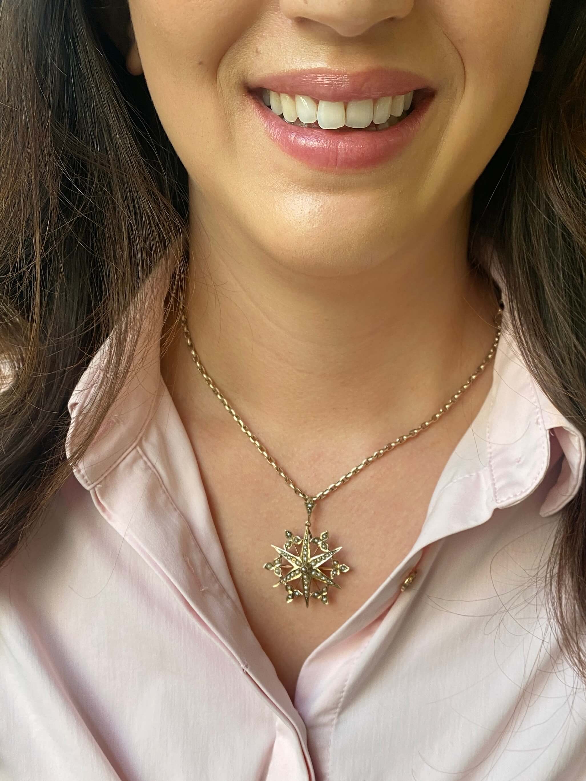 Victorian Seed Pearl Star Pendant on Chain, c.1890–1900. 9ct yellow gold.