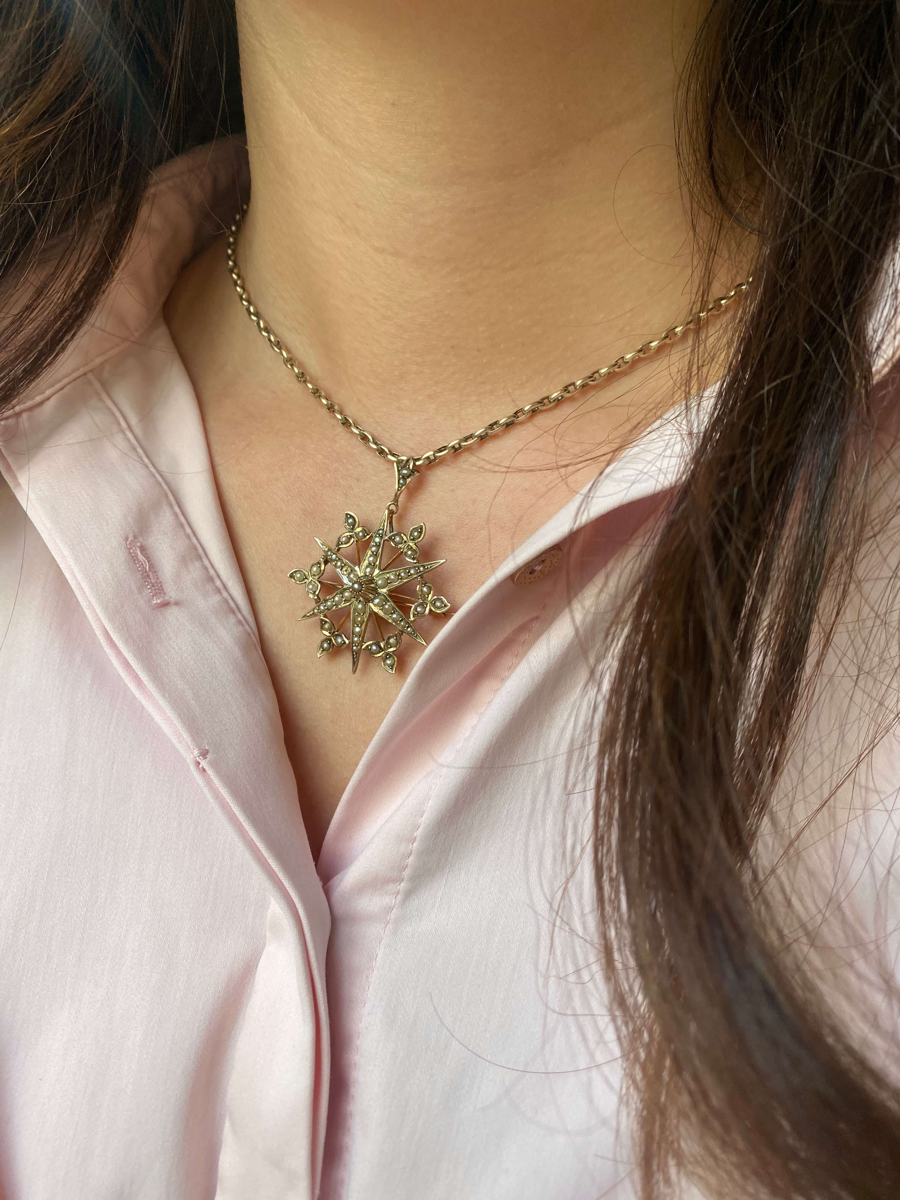 Victorian Seed Pearl Star Pendant on Chain, c.1890–1900. 9ct yellow gold.