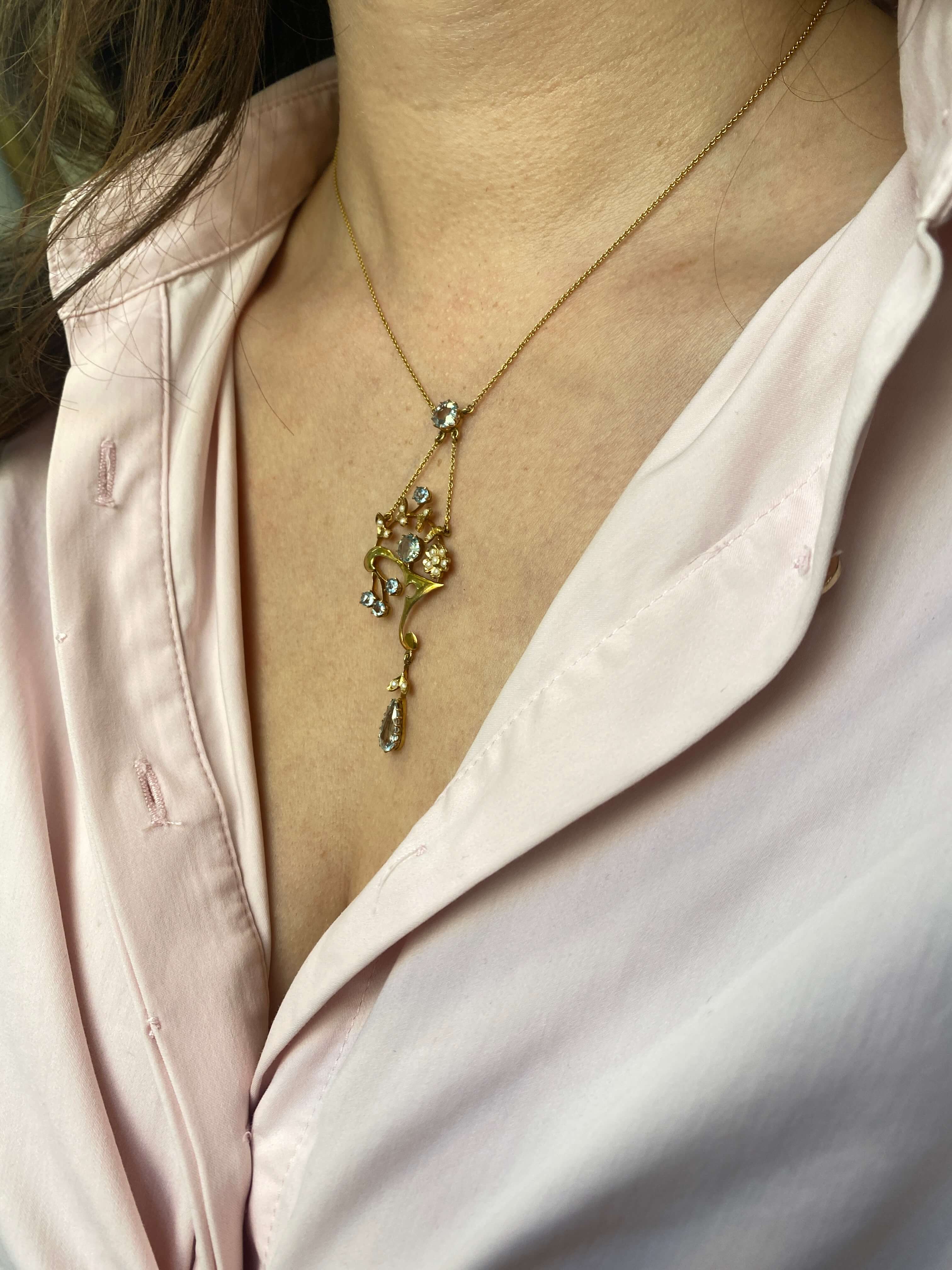 Edwardian Seed Pearl & Aquamarine Pendant Necklace in 15ct yellow gold