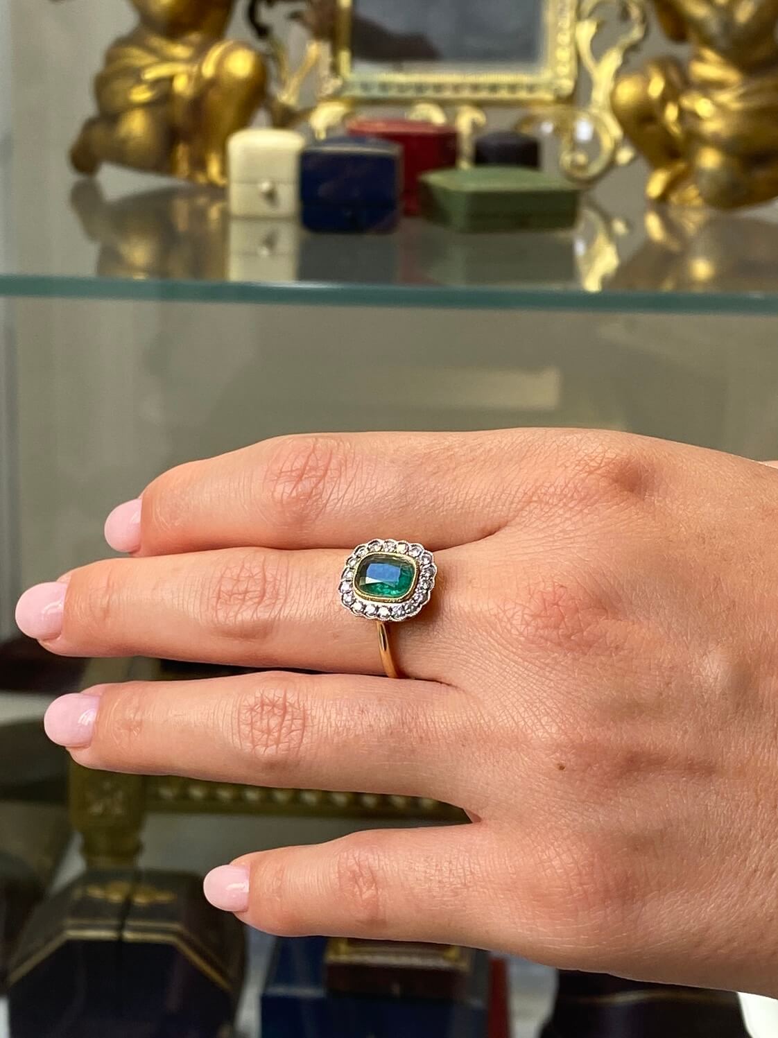 Delightful Emerald & Diamond Cluster Ring. 18ct yellow & white gold