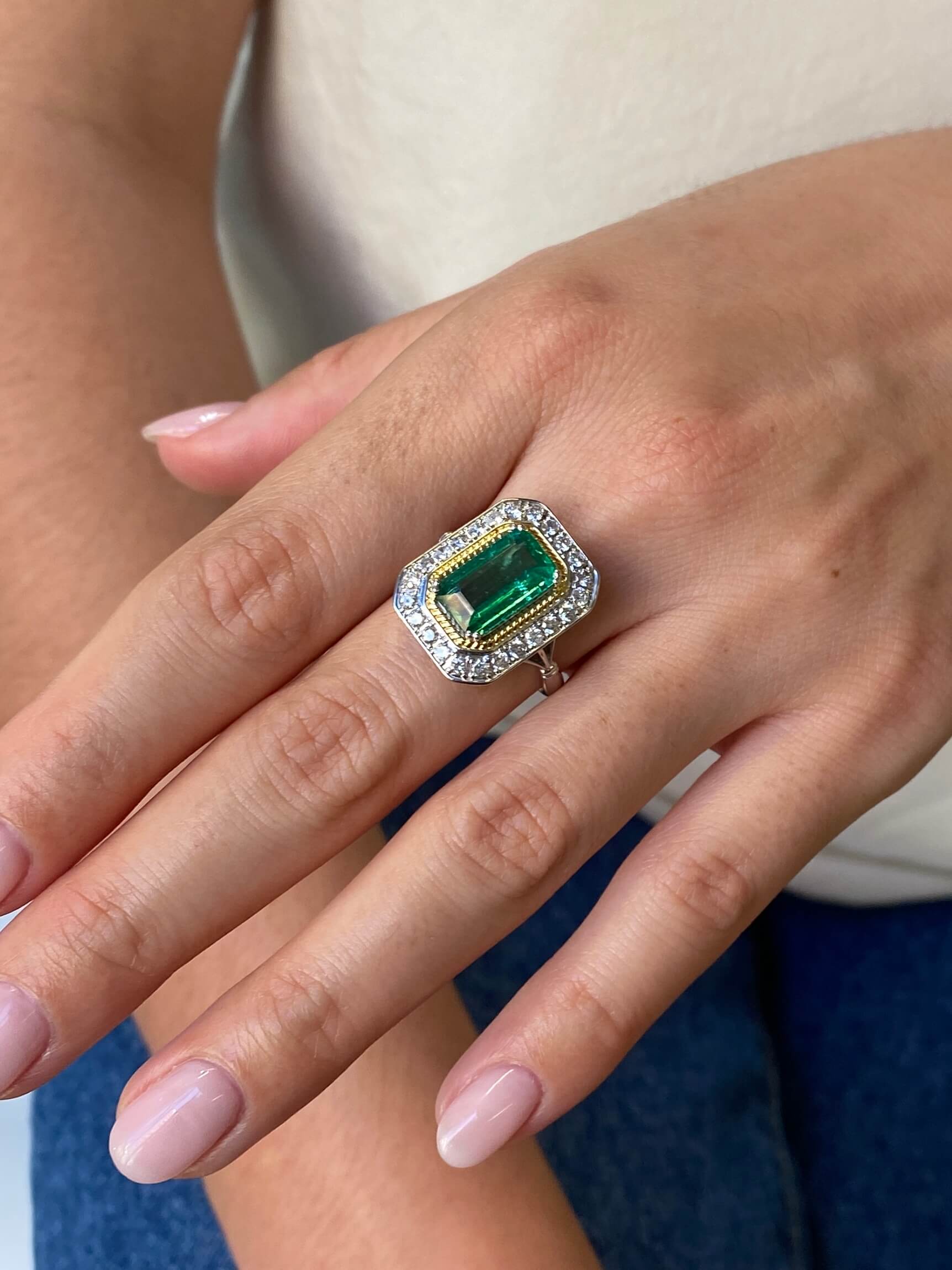 Modern Emerald & Diamond Cluster Ring, 18ct yellow and white gold