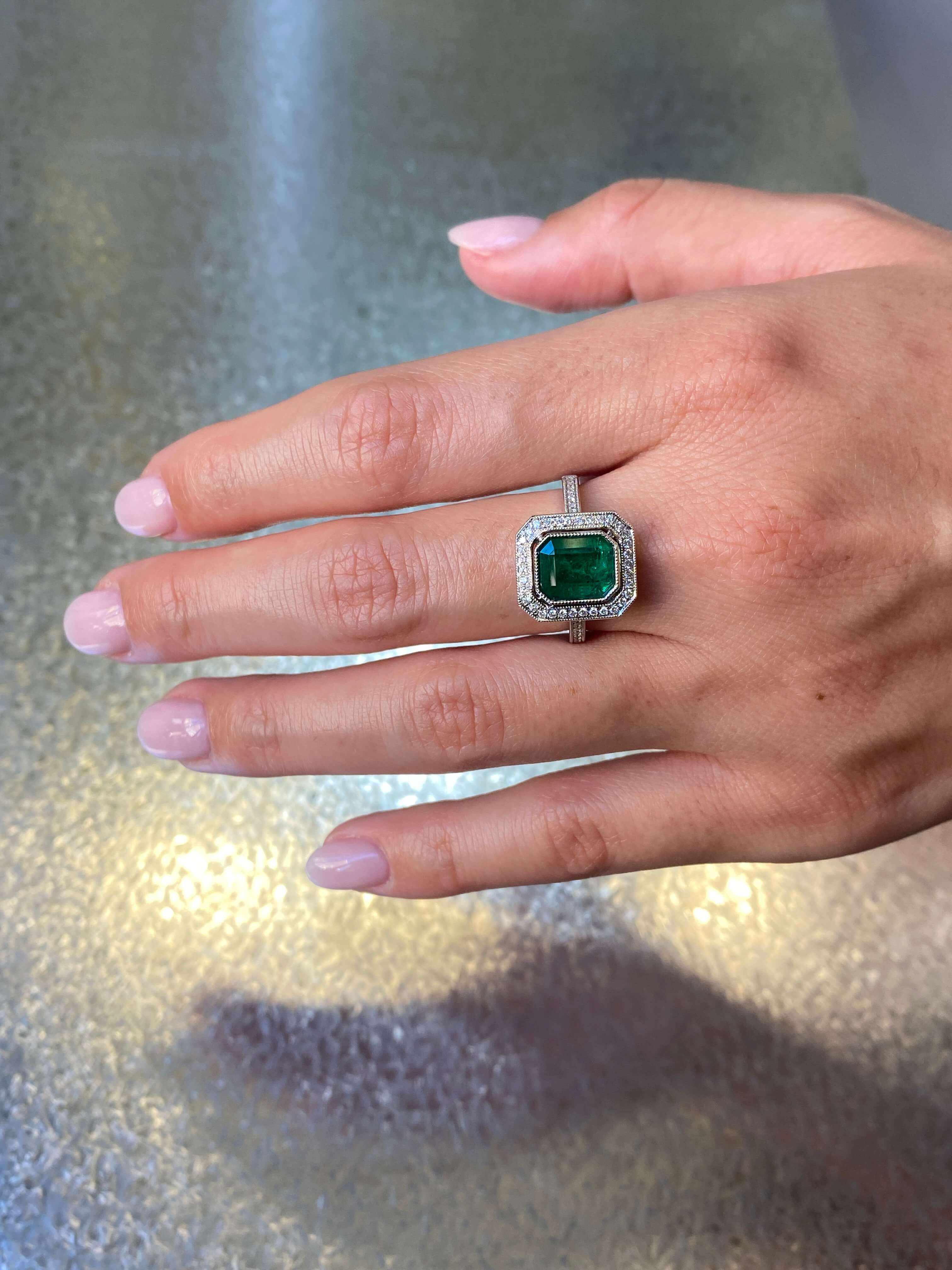 Modern Emerald & Diamond Cluster Ring, 18ct white gold