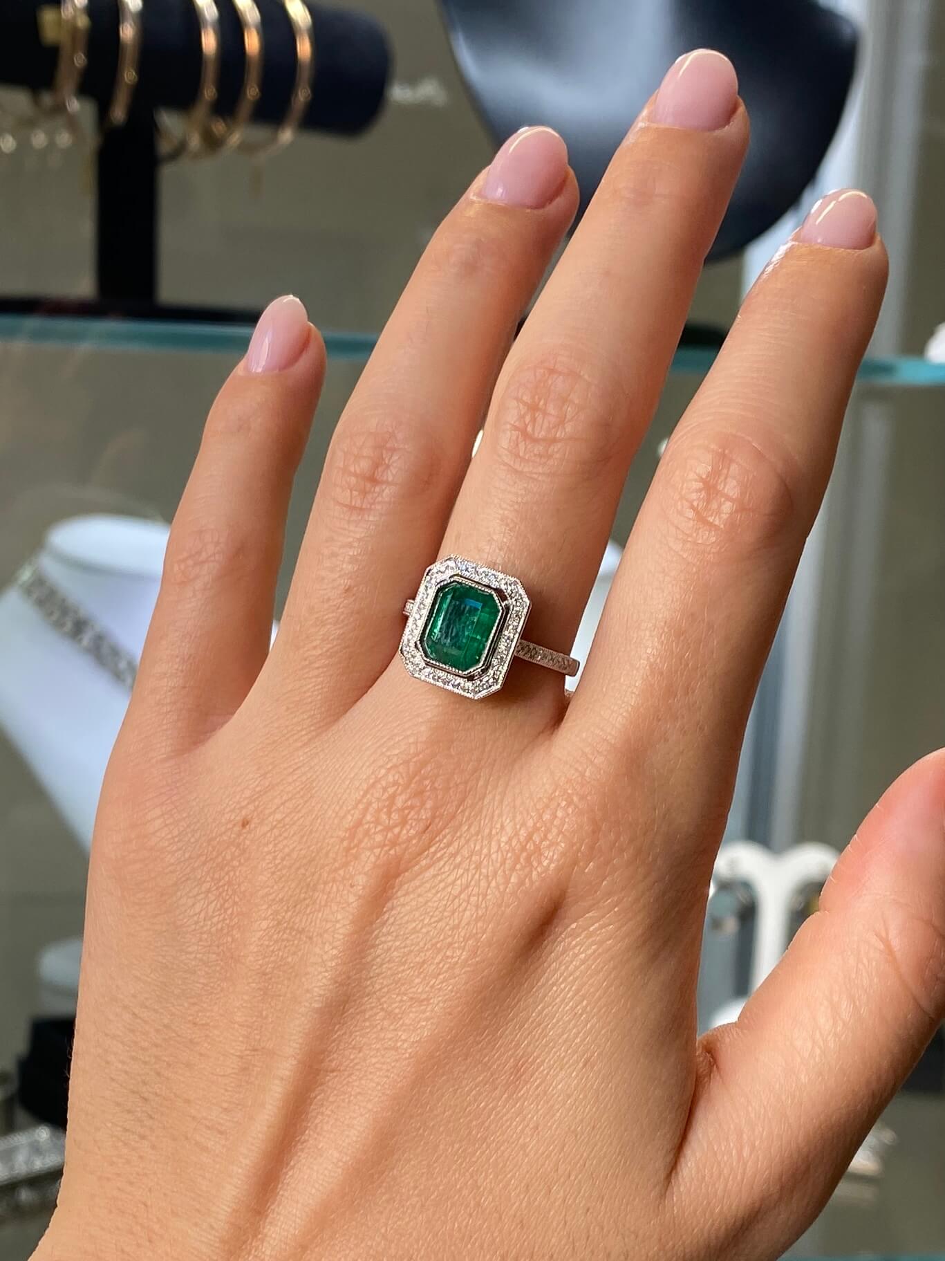 Modern Emerald & Diamond Cluster Ring, 18ct white gold