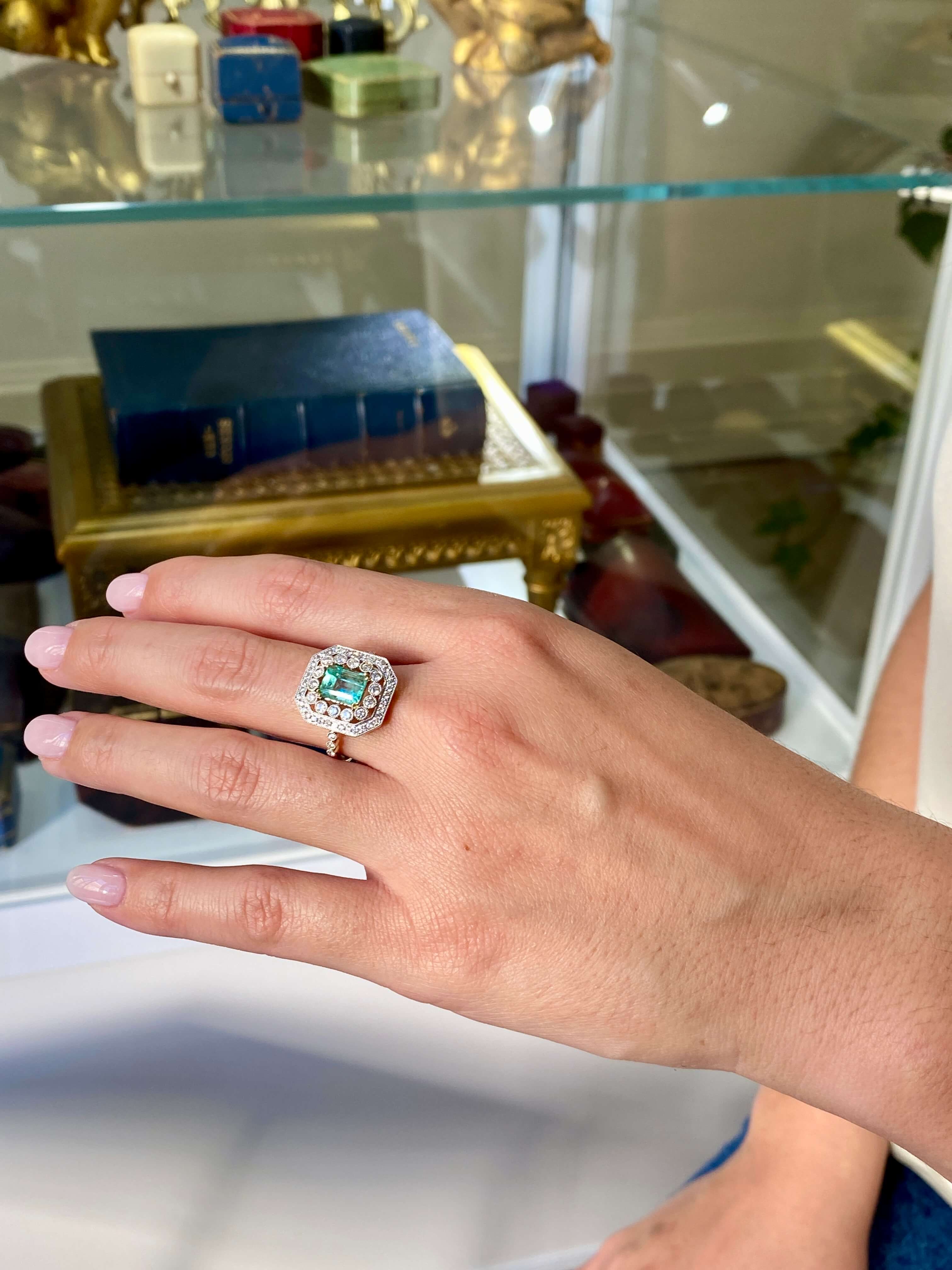 Edwardian Style Emerald & Diamond Cluster Ring 14ct  yellow and white gold