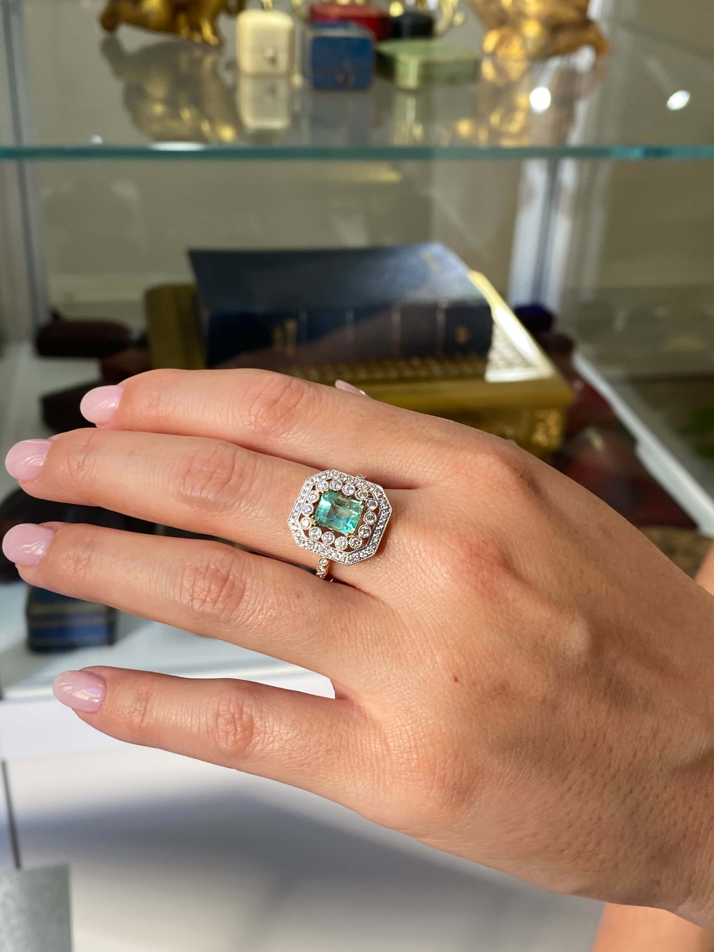 Edwardian Style Emerald & Diamond Cluster Ring 14ct  yellow and white gold