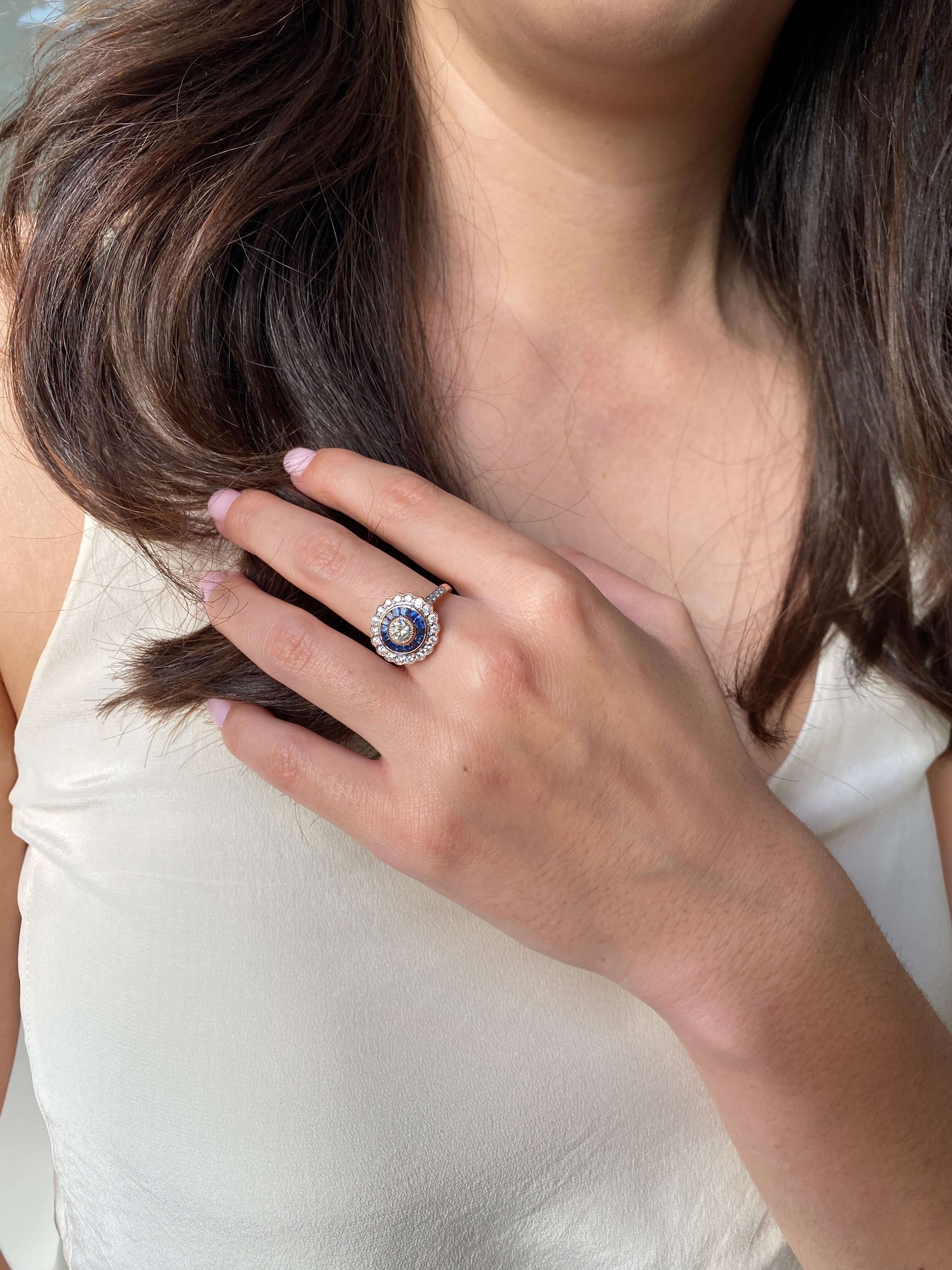 Art Deco Style Sapphire & Diamond Target Ring in 14ct rose gold